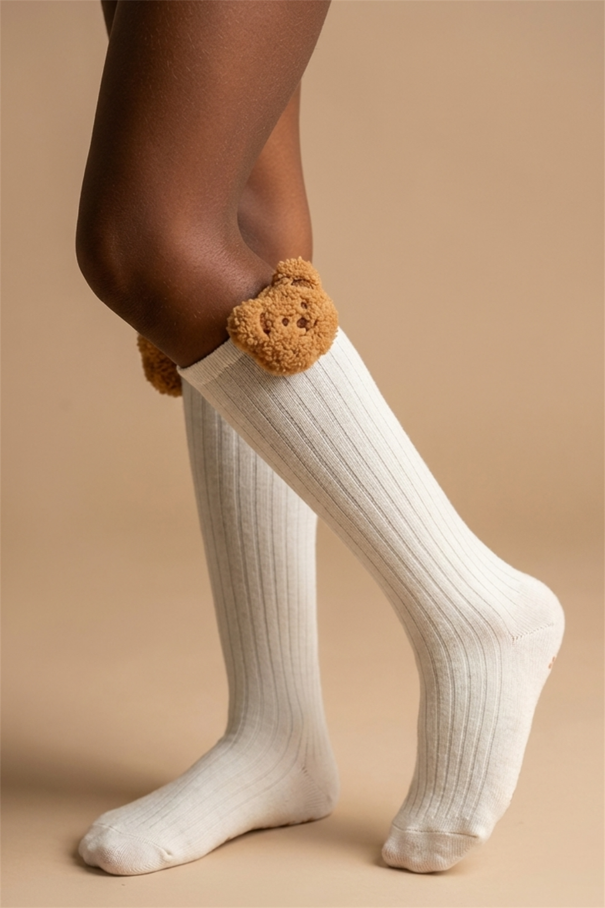 Girls Teddy Bear Detailed Knee Socks Ecru