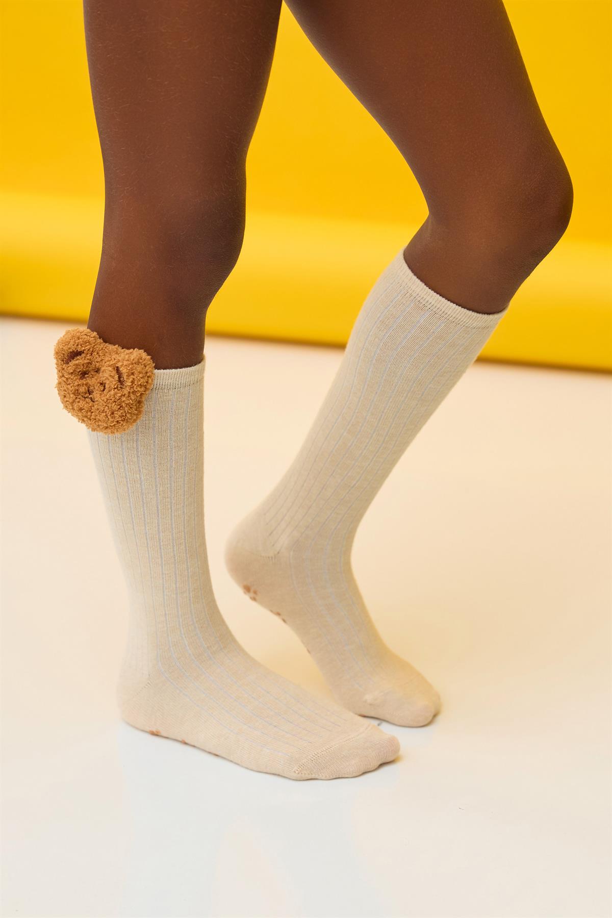 Girls Knee-High Socks with Teddy Bear Detail Beige Melange
