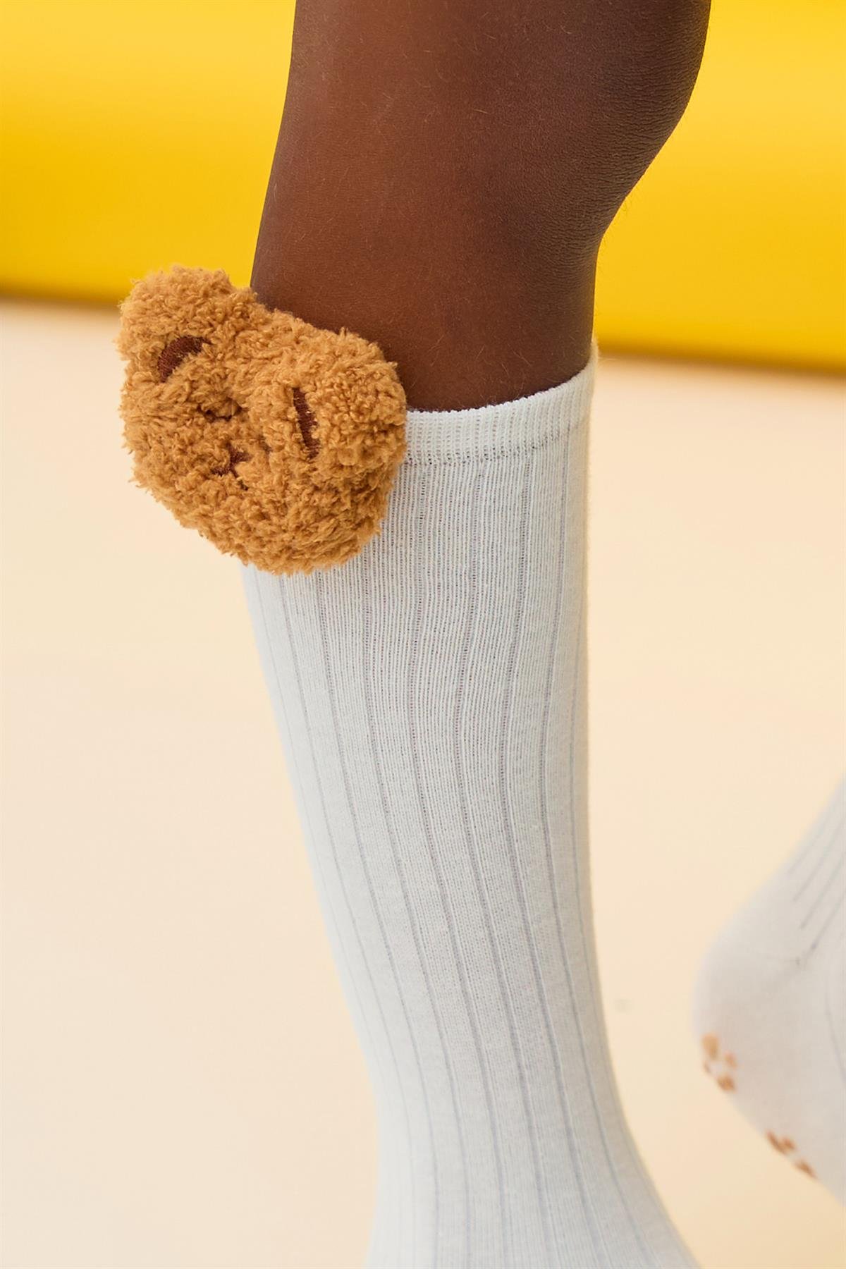 Girls Bear Detail Knee-High Socks Ecru