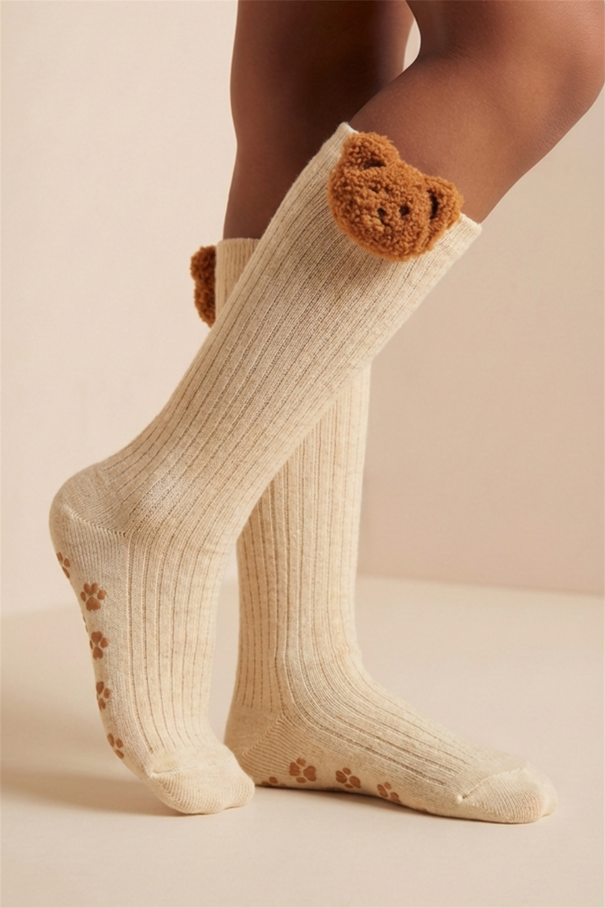 Girls Teddy Bear Detailed Knee High Socks Beige Melange