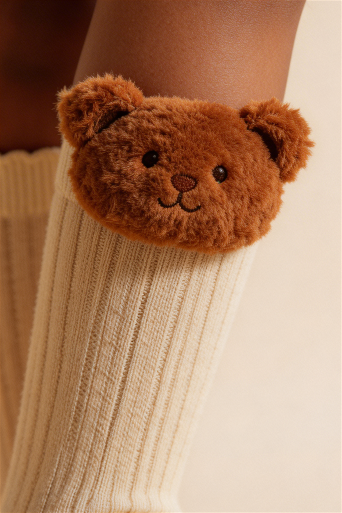 Girls Teddy Bear Detailed Knee High Socks Beige Melange