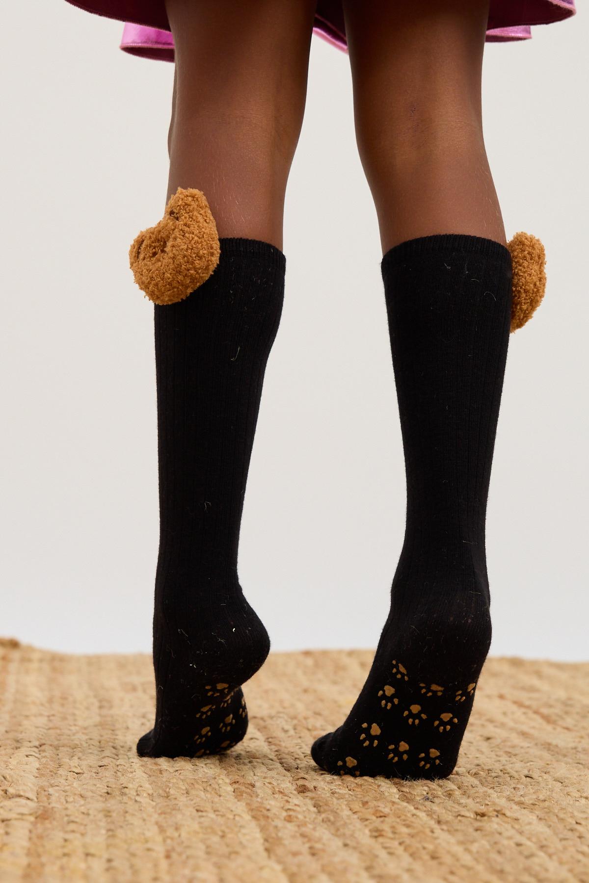 Knee-High Socks with Bear Details for Girls - Black