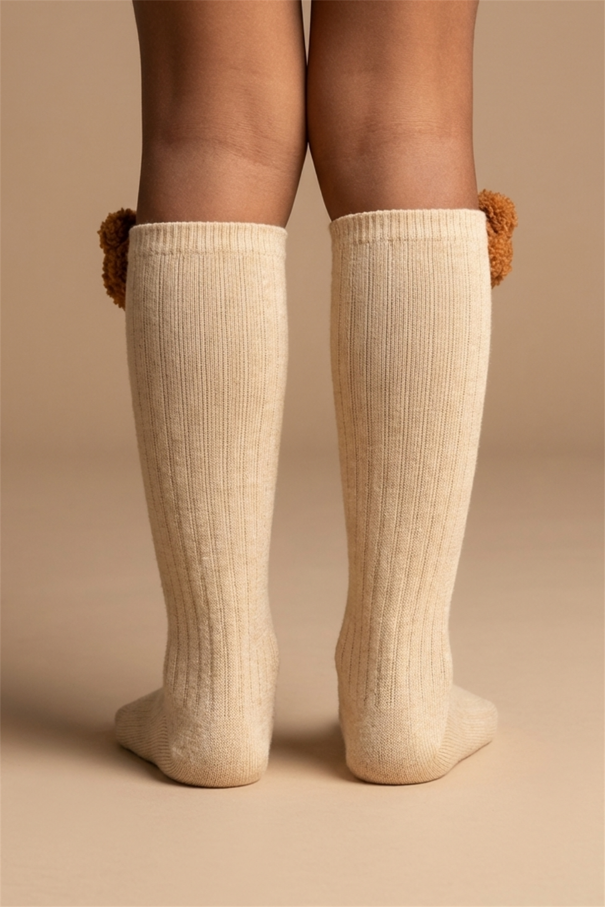 Girls Teddy Bear Detailed Knee High Socks Beige Melange