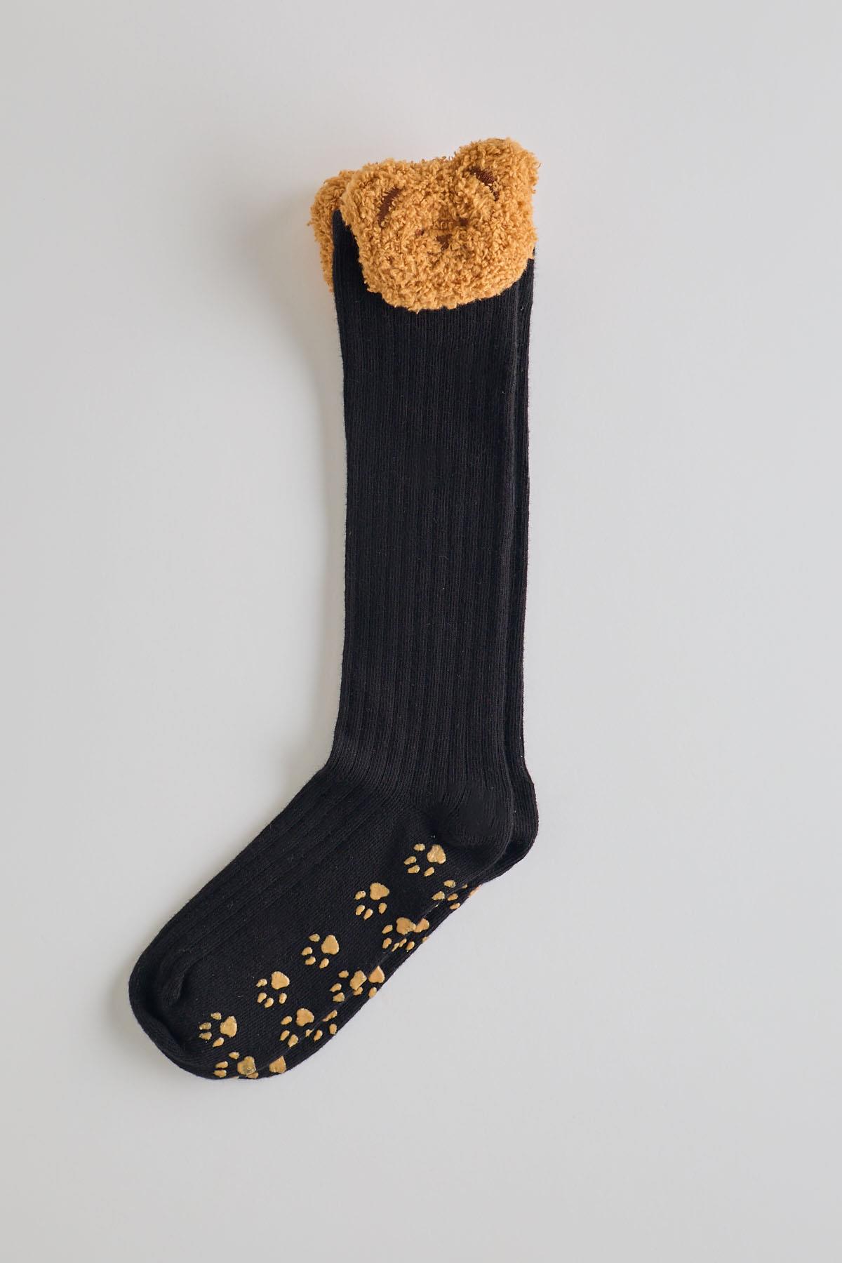Knee-High Socks with Bear Details for Girls - Black