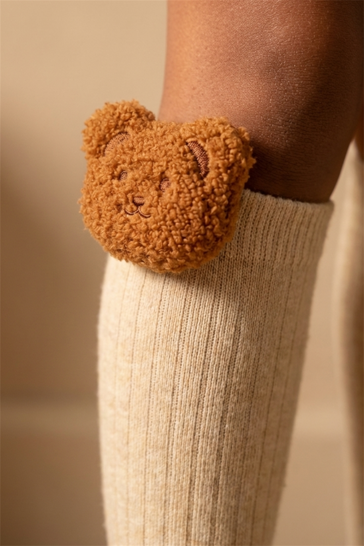 Girls Teddy Bear Detailed Knee High Socks Beige Melange
