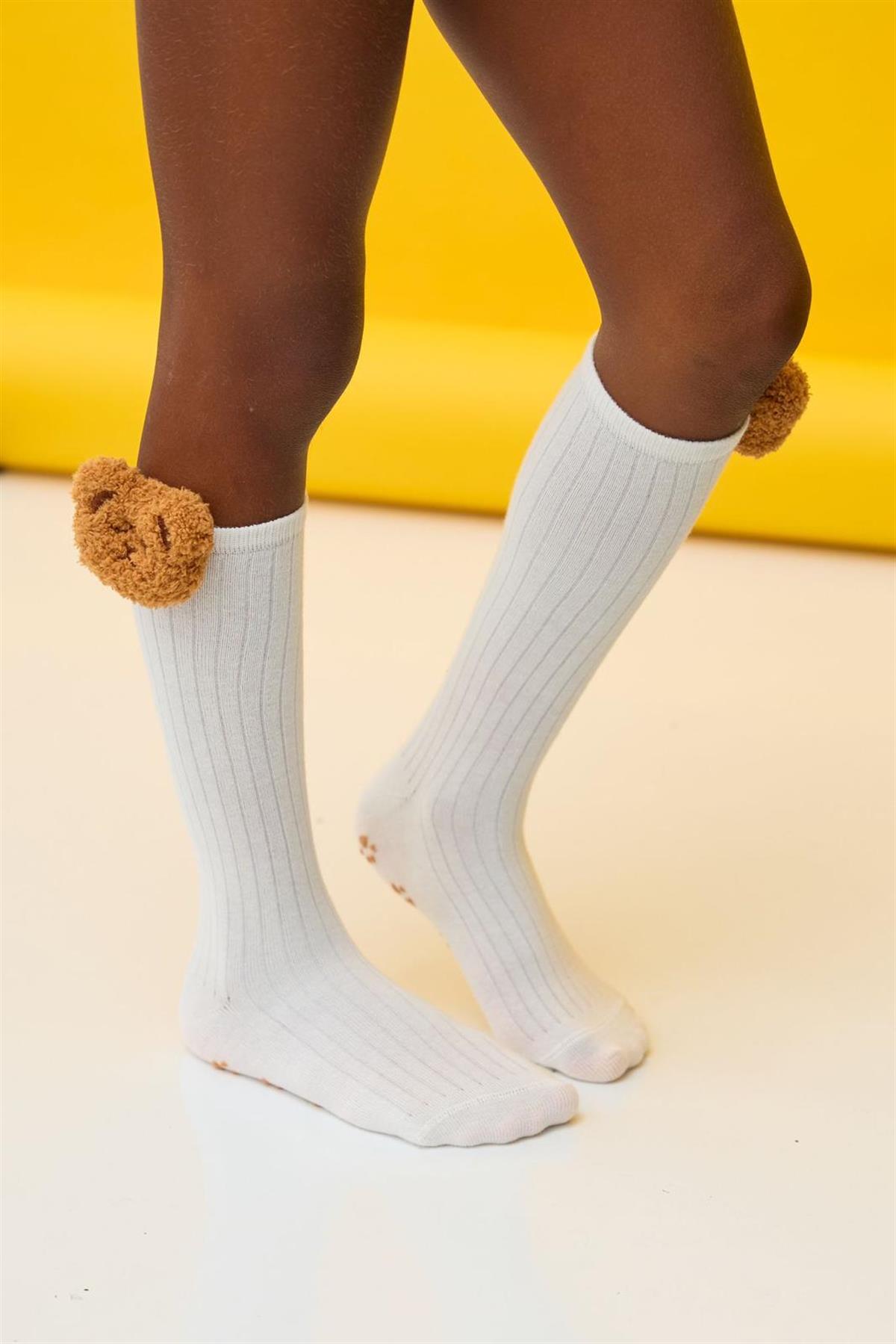 Girls Bear Detail Knee-High Socks Ecru