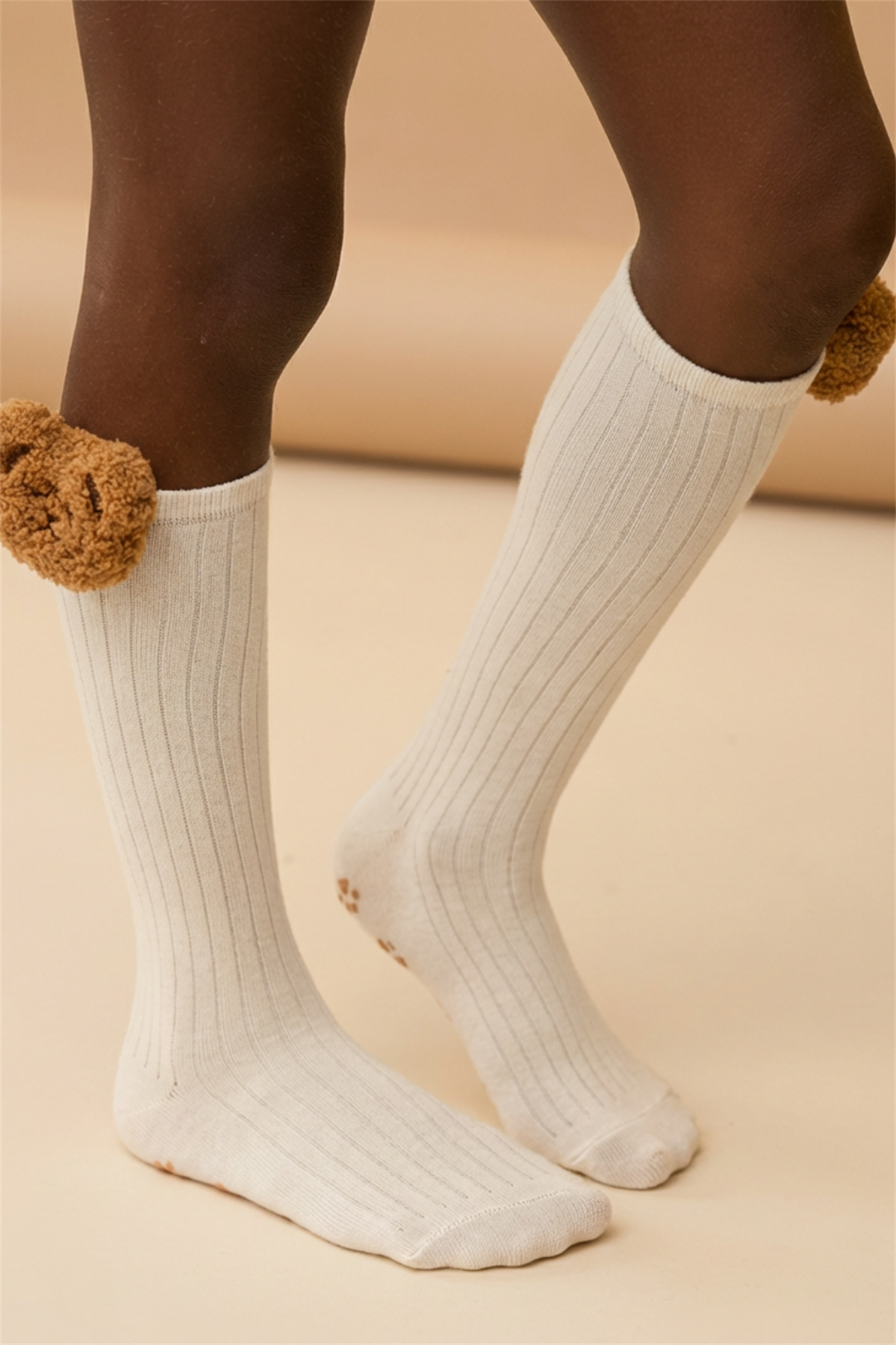 Girls Teddy Bear Detailed Knee Socks Ecru