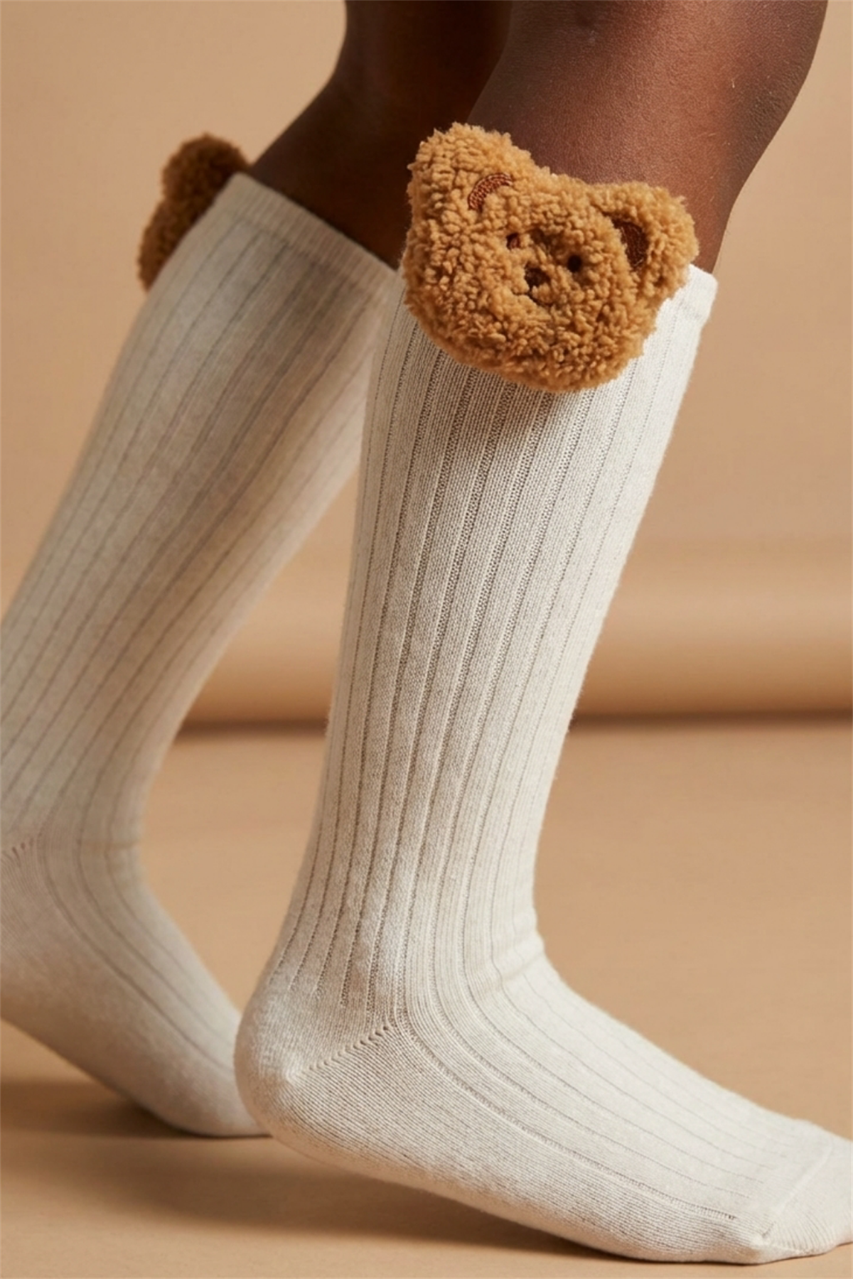 Girls Teddy Bear Detailed Knee Socks Ecru