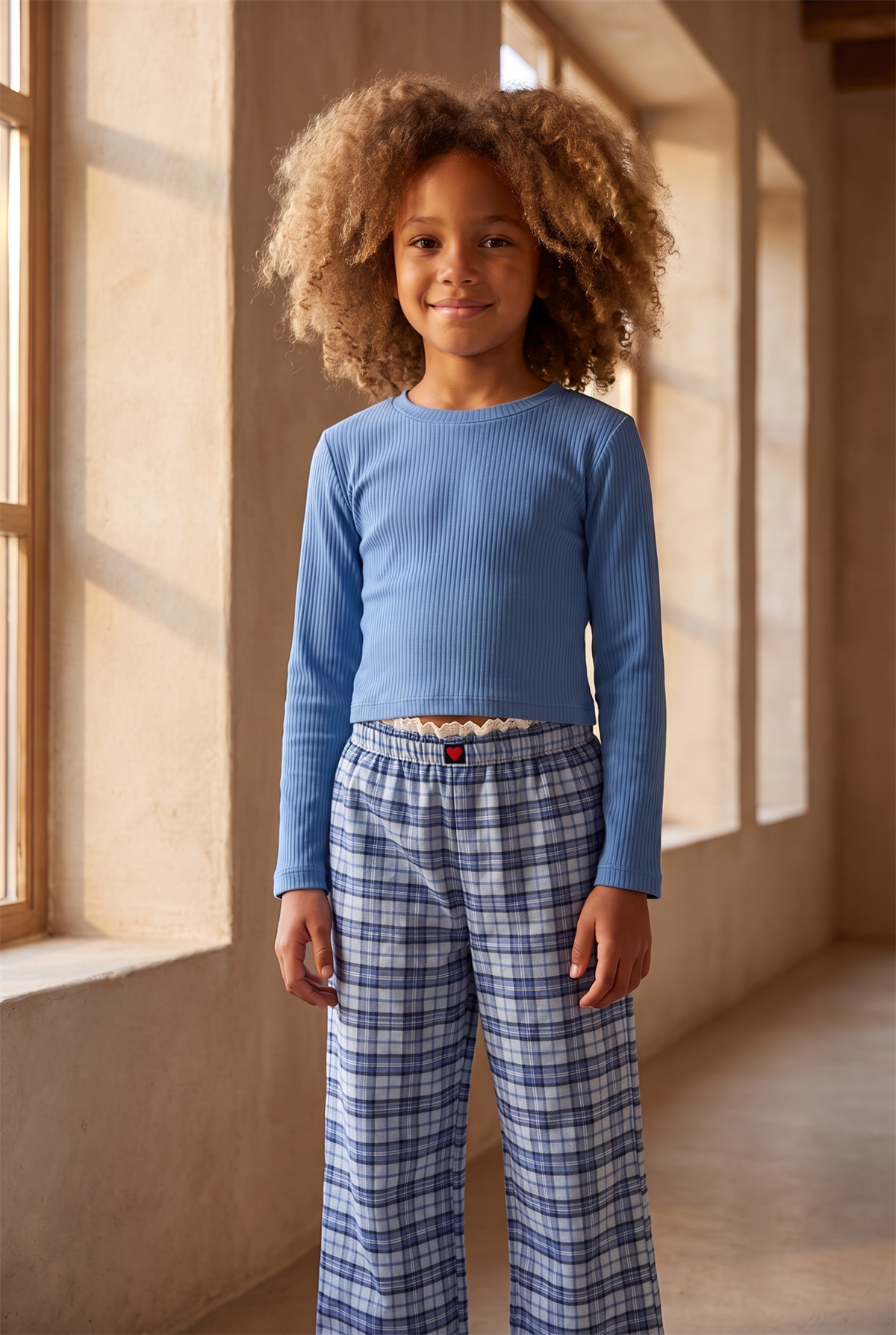 Kız Çocuk Blue Harmony Mavi Ekoseli Pijama Takımı