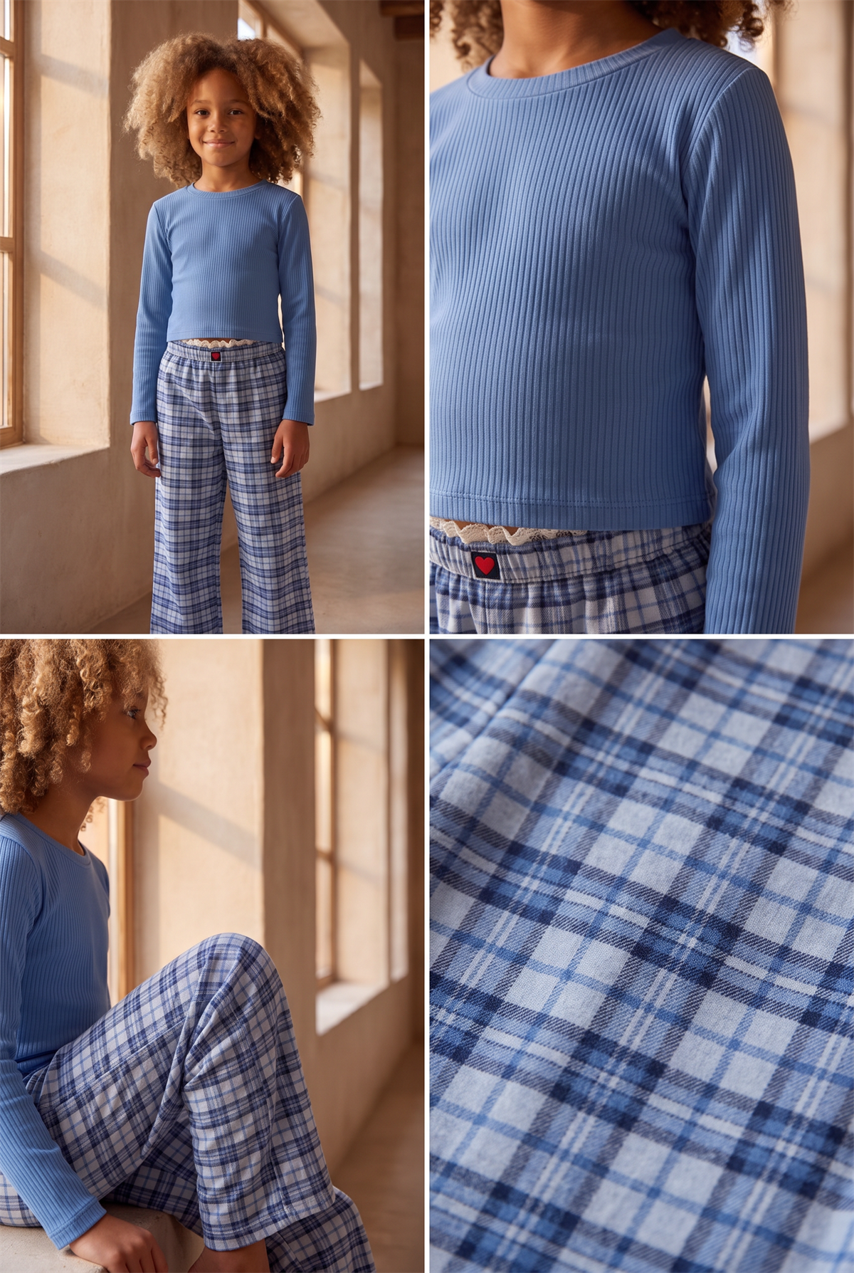 Kız Çocuk Blue Harmony Mavi Ekoseli Pijama Takımı