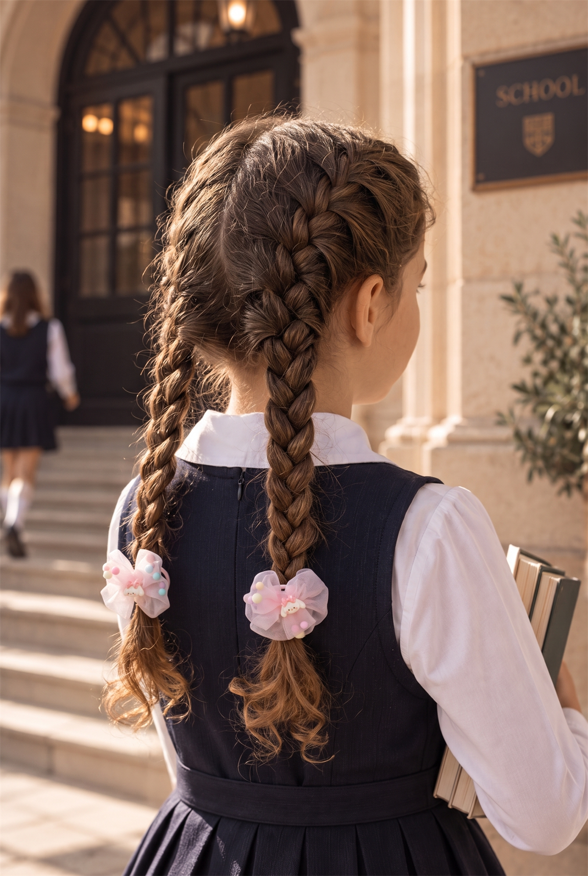 Kız Çocuk Boncuk Detaylı Tül Çiçekli 2li Lastik Toka Pembe