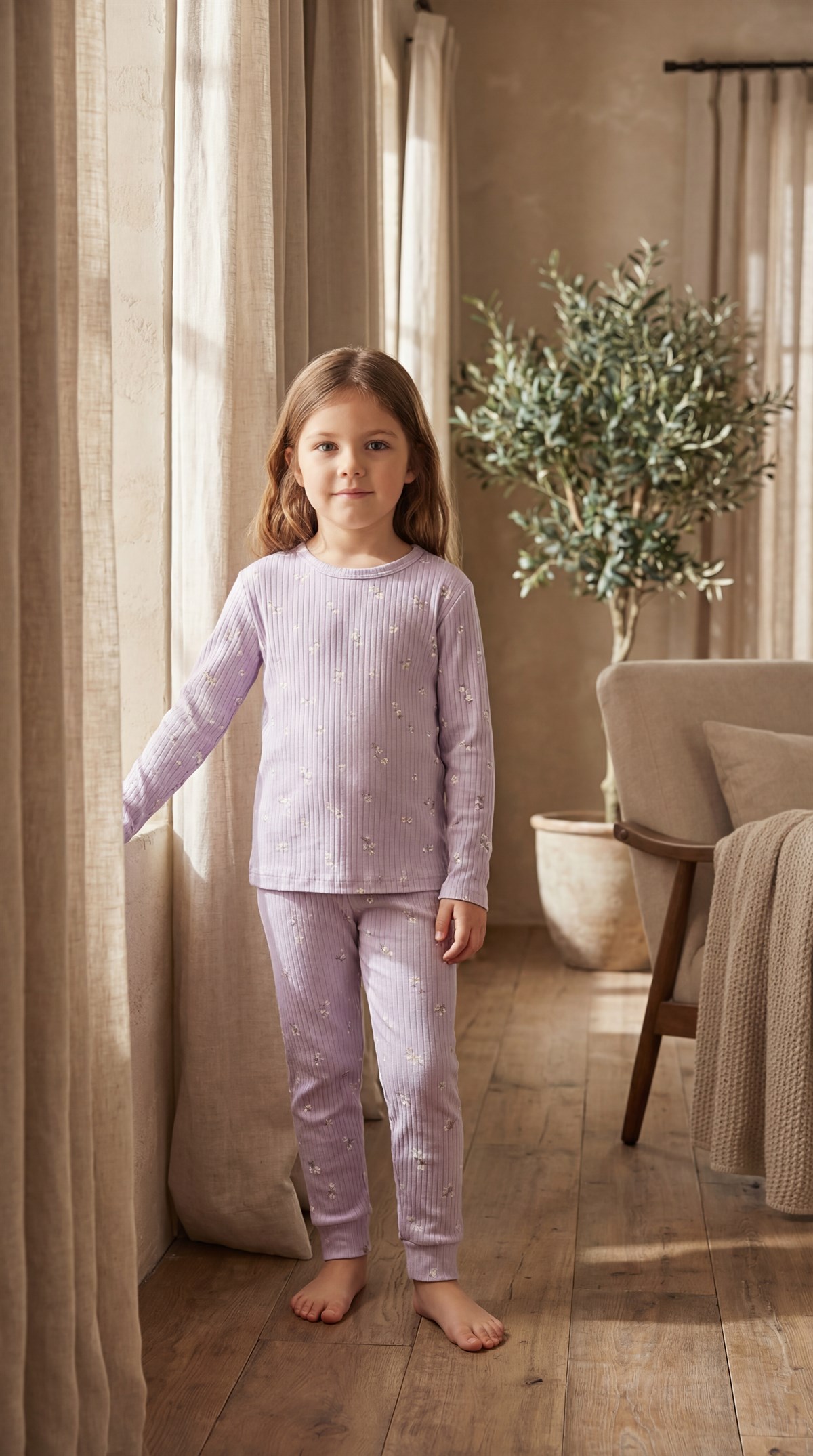 22512G2025 ÇİÇEK DESENLİ KIZ ÇOCUK PİJAMA TAKIM Mor