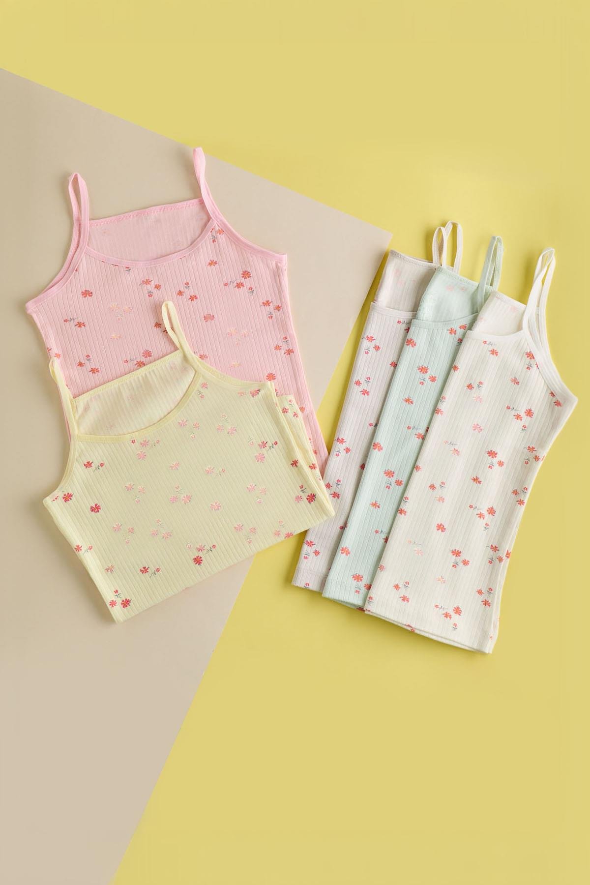 12401G2264 KIZ ÇOCUK RİBANALI ÇİÇEK  DESENLİ İNCE ASKILI ATLET ÇOK RENKLİ