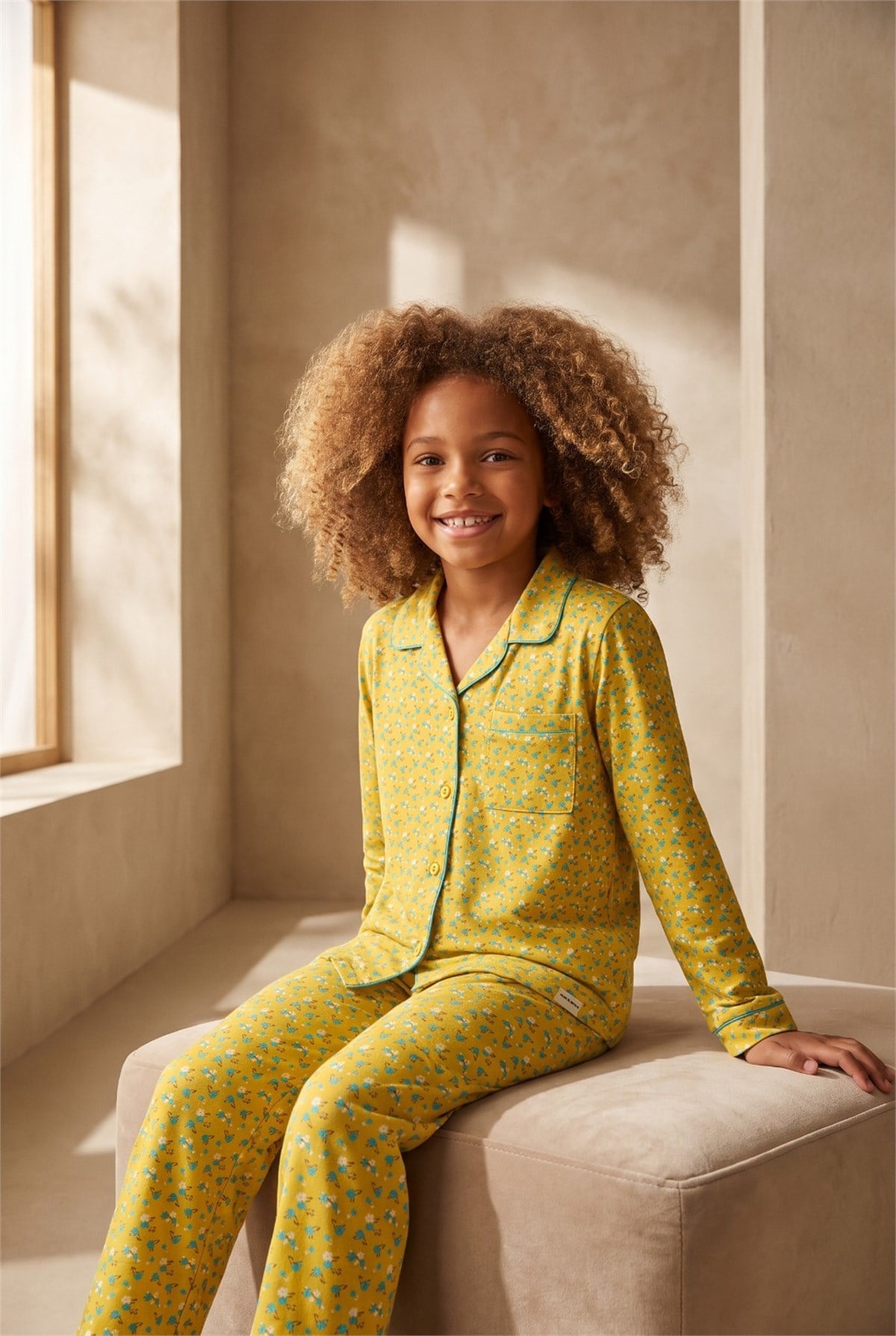 22512K2013 RETRO FLORALS ÇİÇEKLİ KIZ ÇOCUK PİJAMA TAKIM Mustard