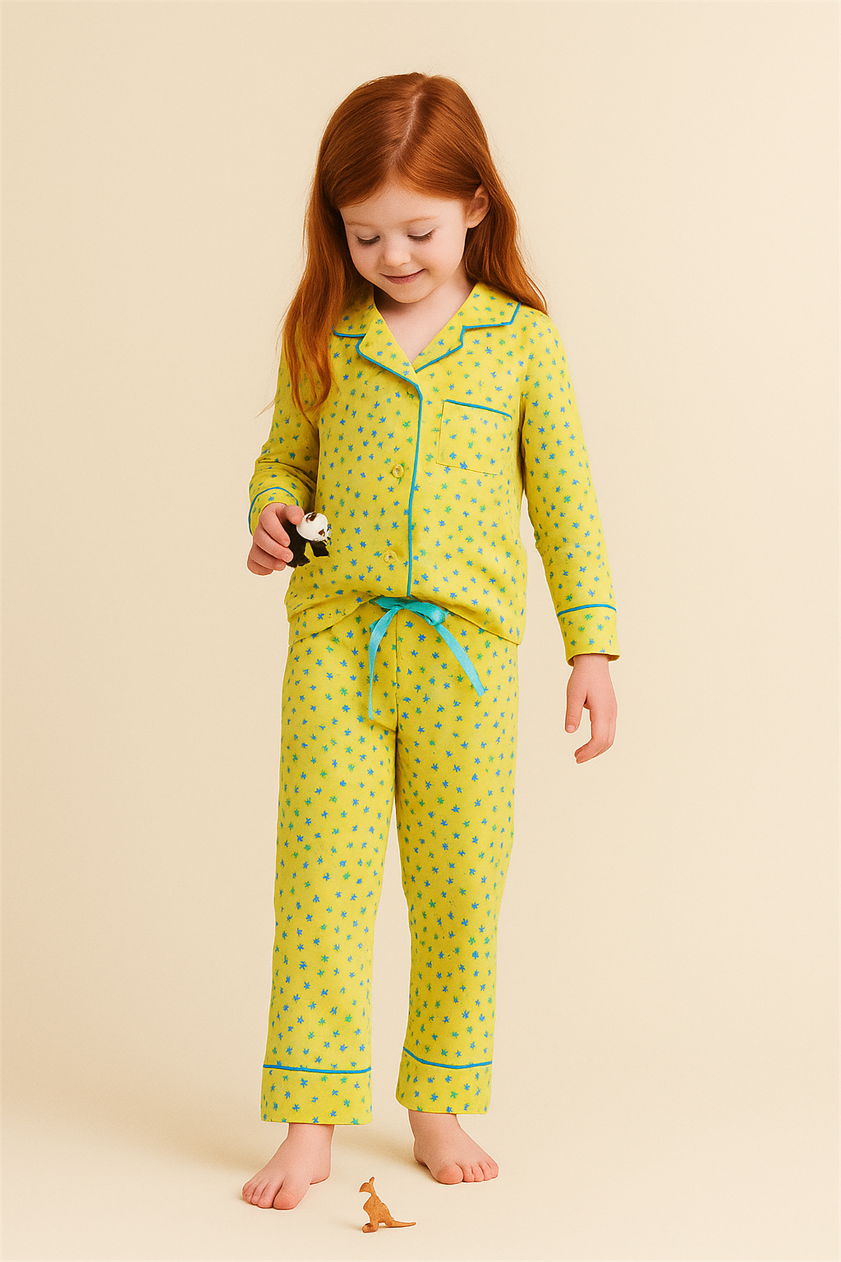 Kız Çocuk Çiçekli Pijama Takımı Hardal