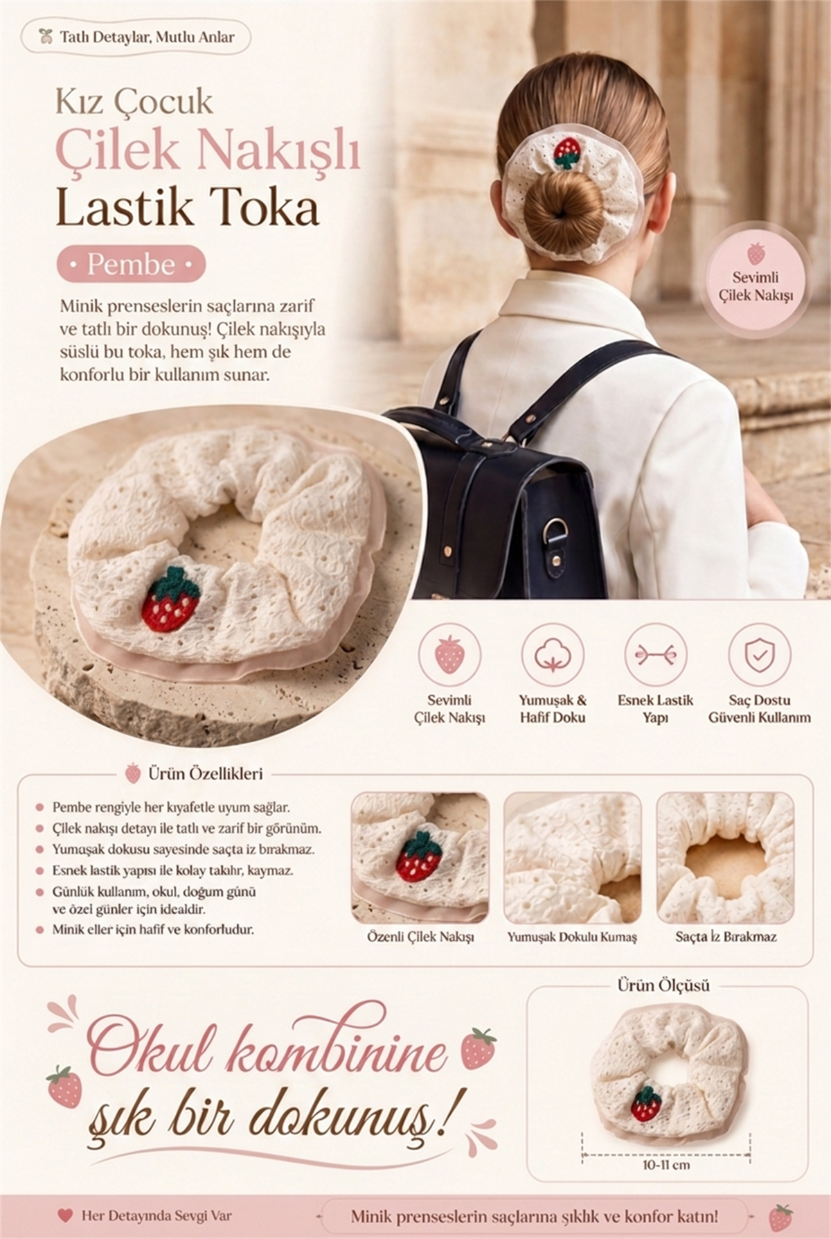 Kız Çocuk Çilek Nakışlı Lastik Toka Pembe 