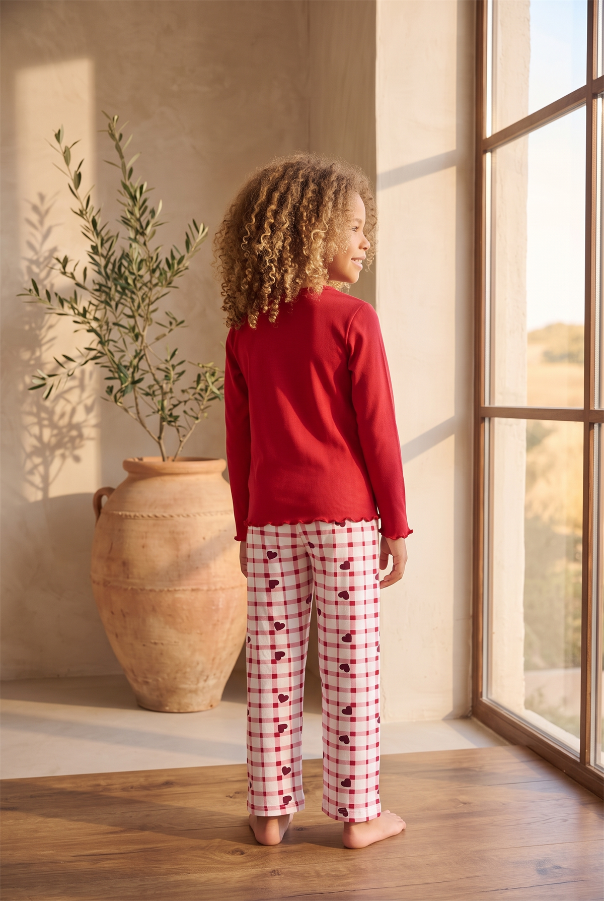 Kız Çocuk Dear Santa Ekoseli Pijama Takımı Kırmızı