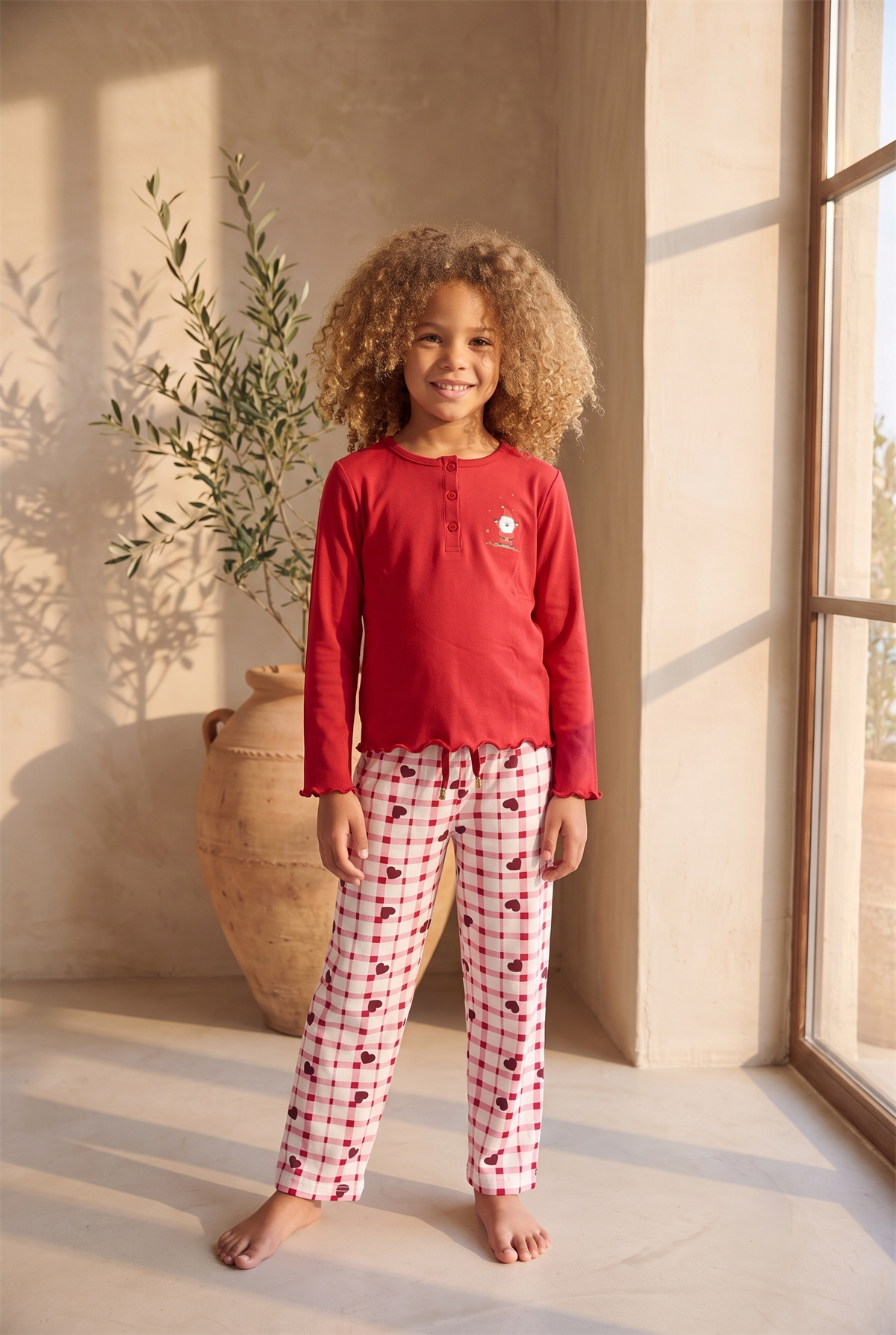 Kız Çocuk Dear Santa Ekoseli Pijama Takımı Kırmızı
