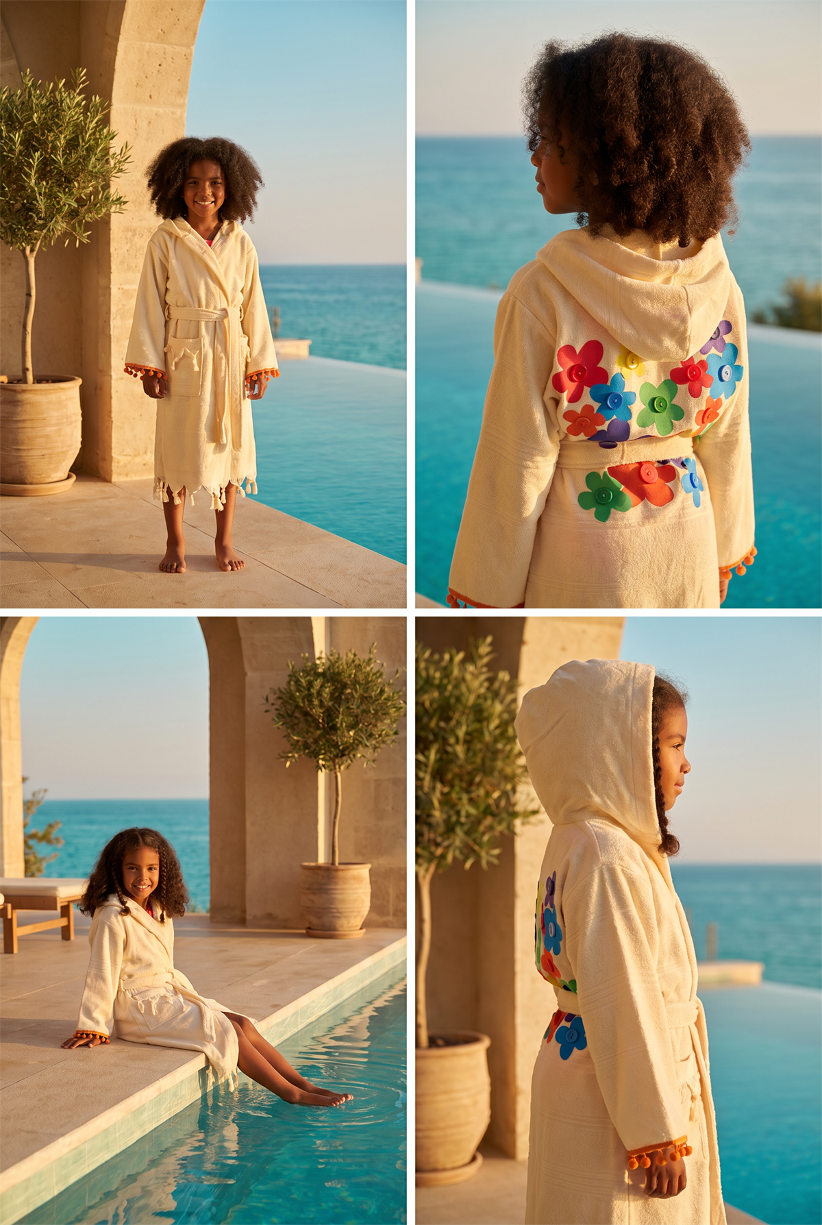 Girls Ecru Colored Floral Patterned Peshtemal Bathrobe