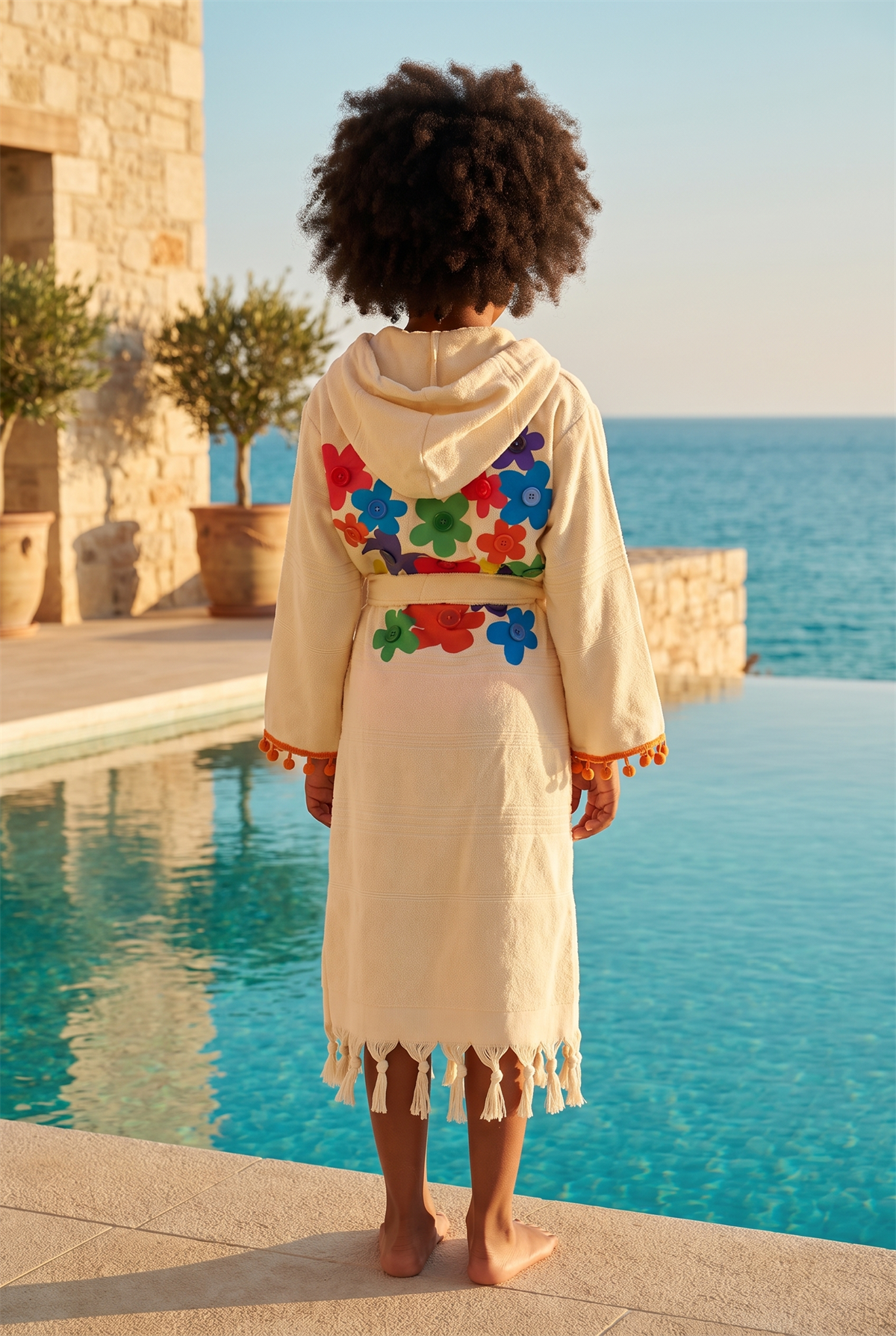 Girls Ecru Colored Floral Patterned Peshtemal Bathrobe
