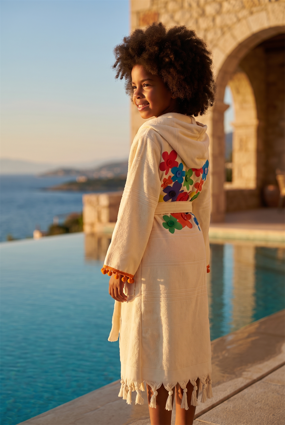 Girls Ecru Colored Floral Patterned Peshtemal Bathrobe