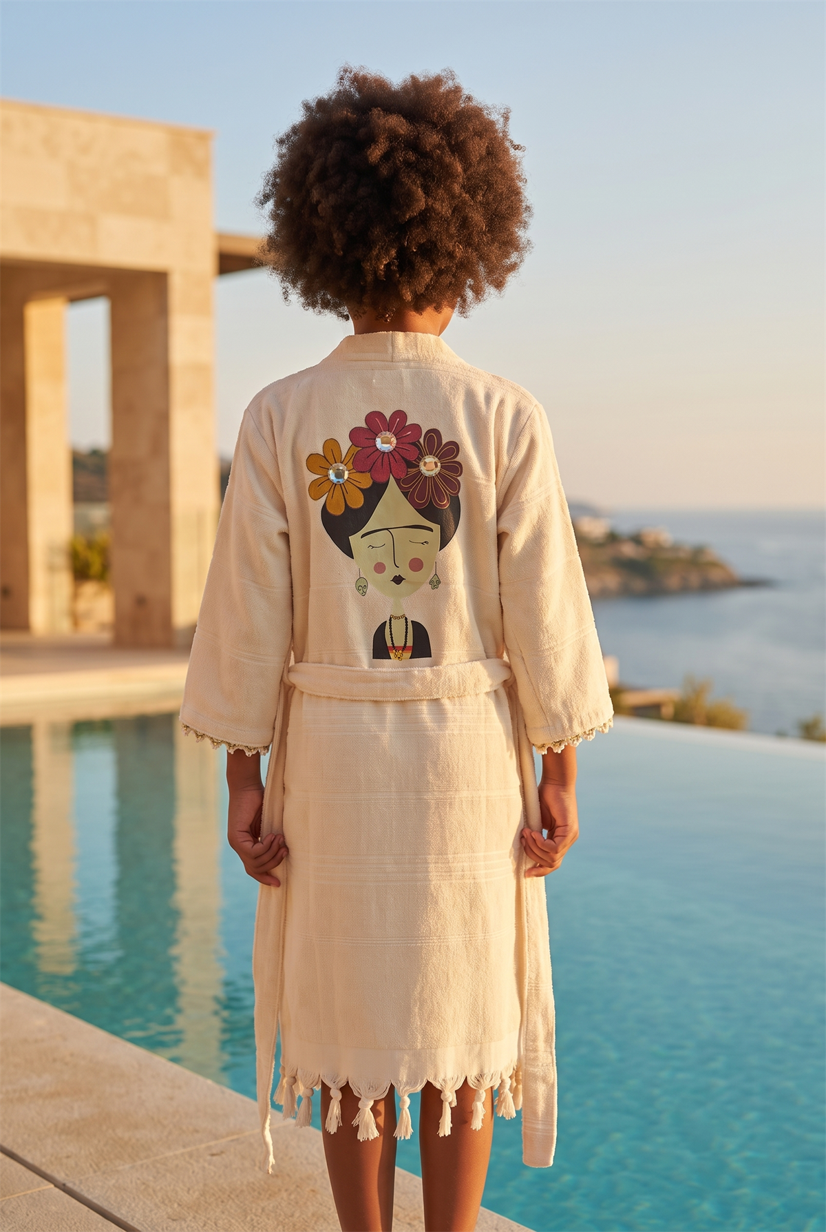 Girls Ecru Colored Frida Printed Peshtemal Bathrobe