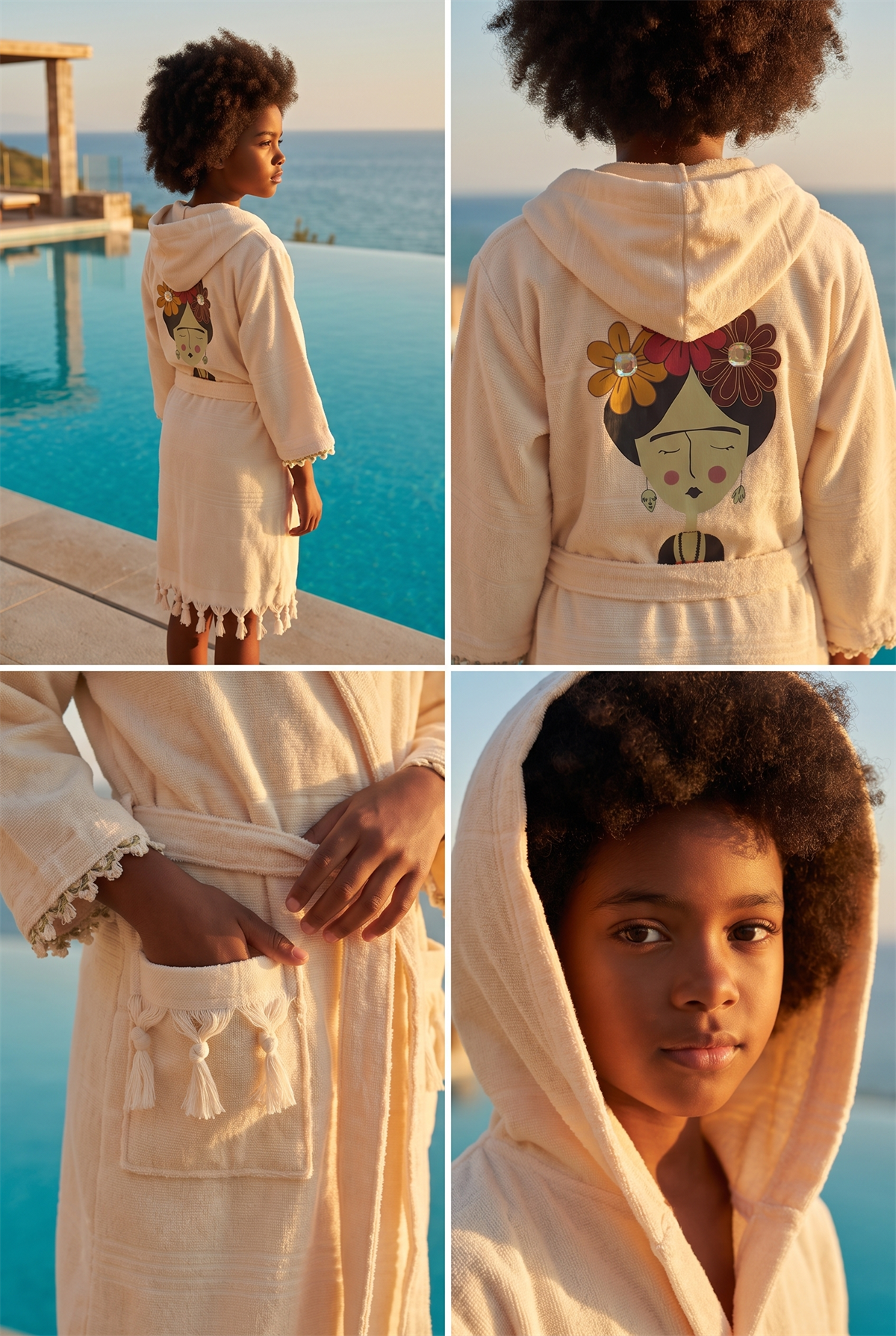 Girls Ecru Colored Frida Printed Peshtemal Bathrobe
