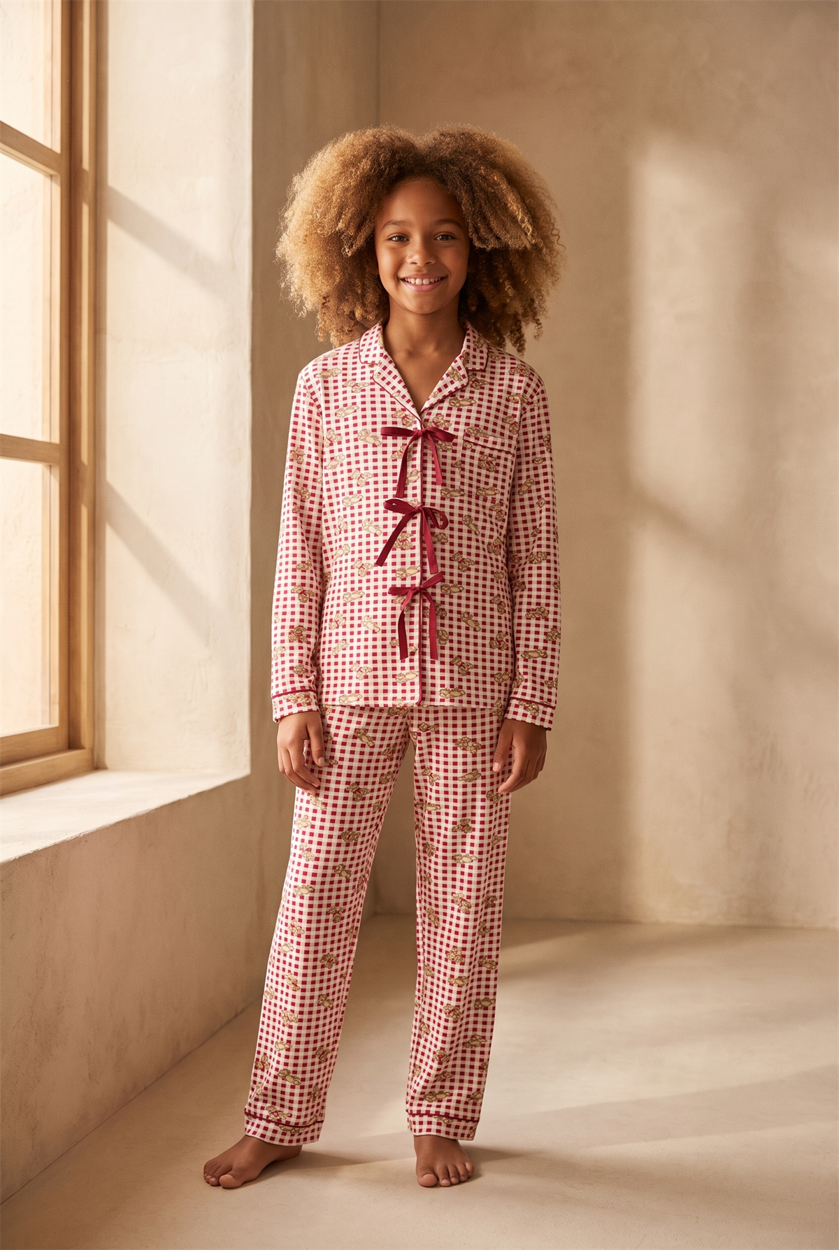 22612K2005 CUTE EDITION DÜĞMELİ TEDDY KIZ ÇOCUK PİJAMA TAKIM Bordo