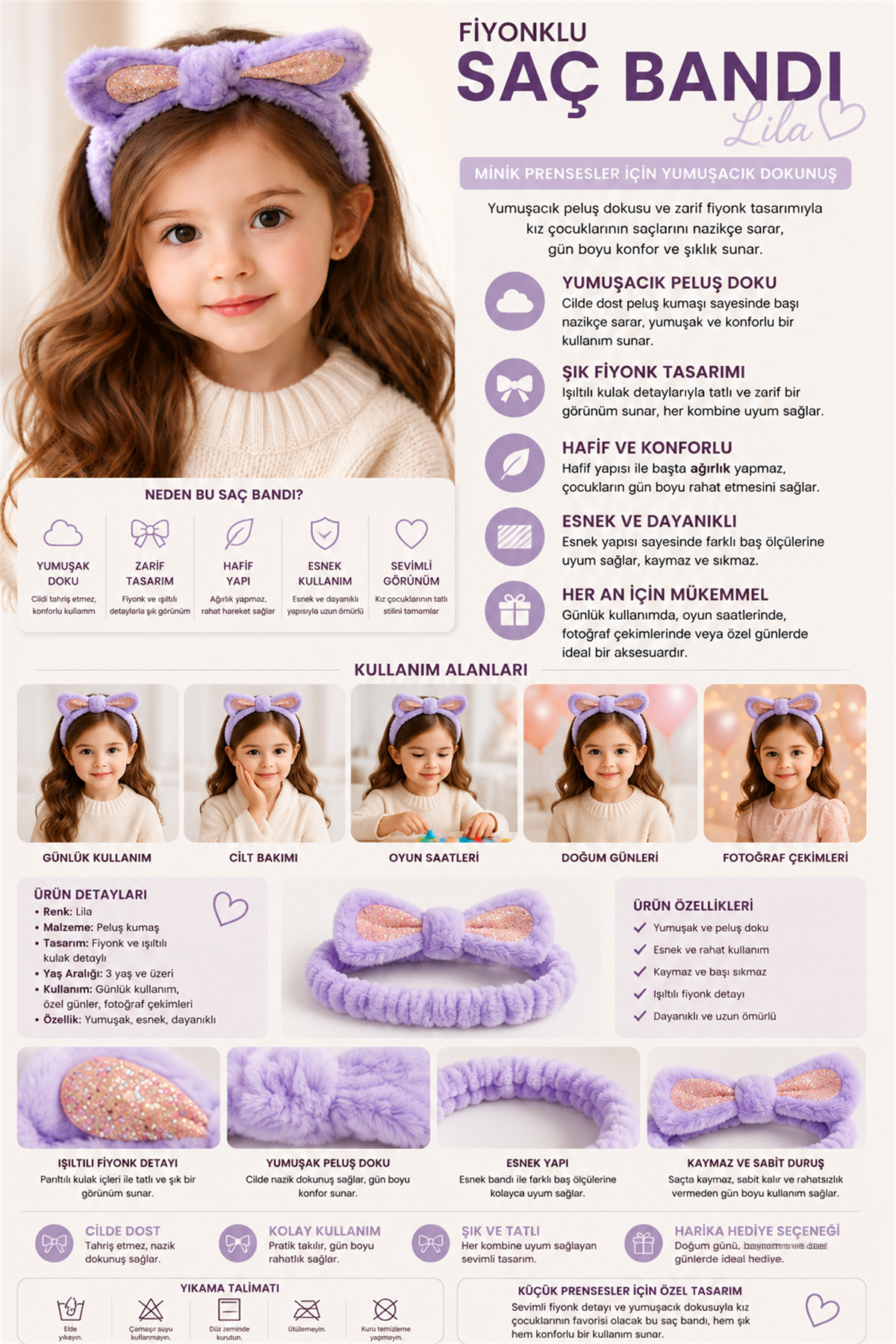 Girls Bow Hair Band Lilac