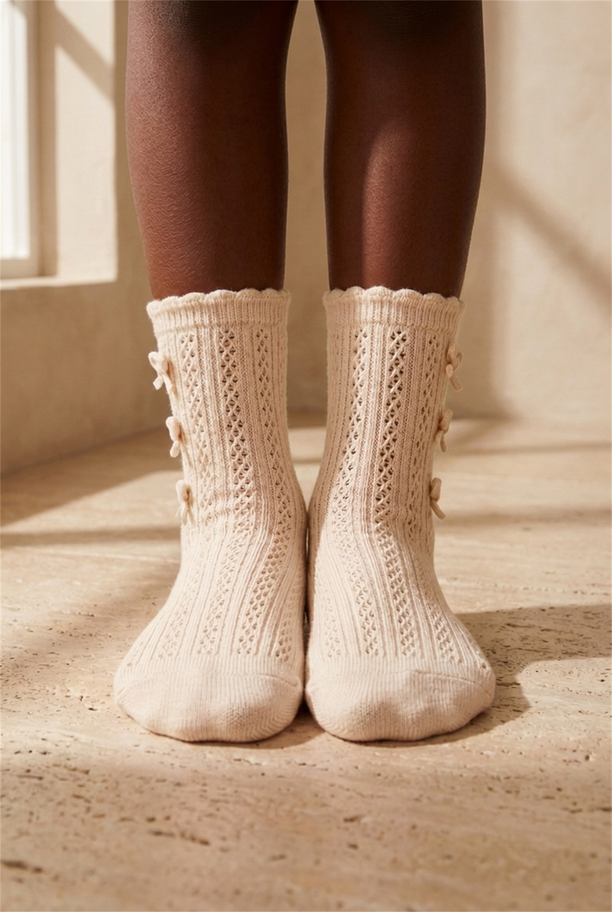 Kız Çocuk Fiyonklu Triko Soket Çorap Ekru