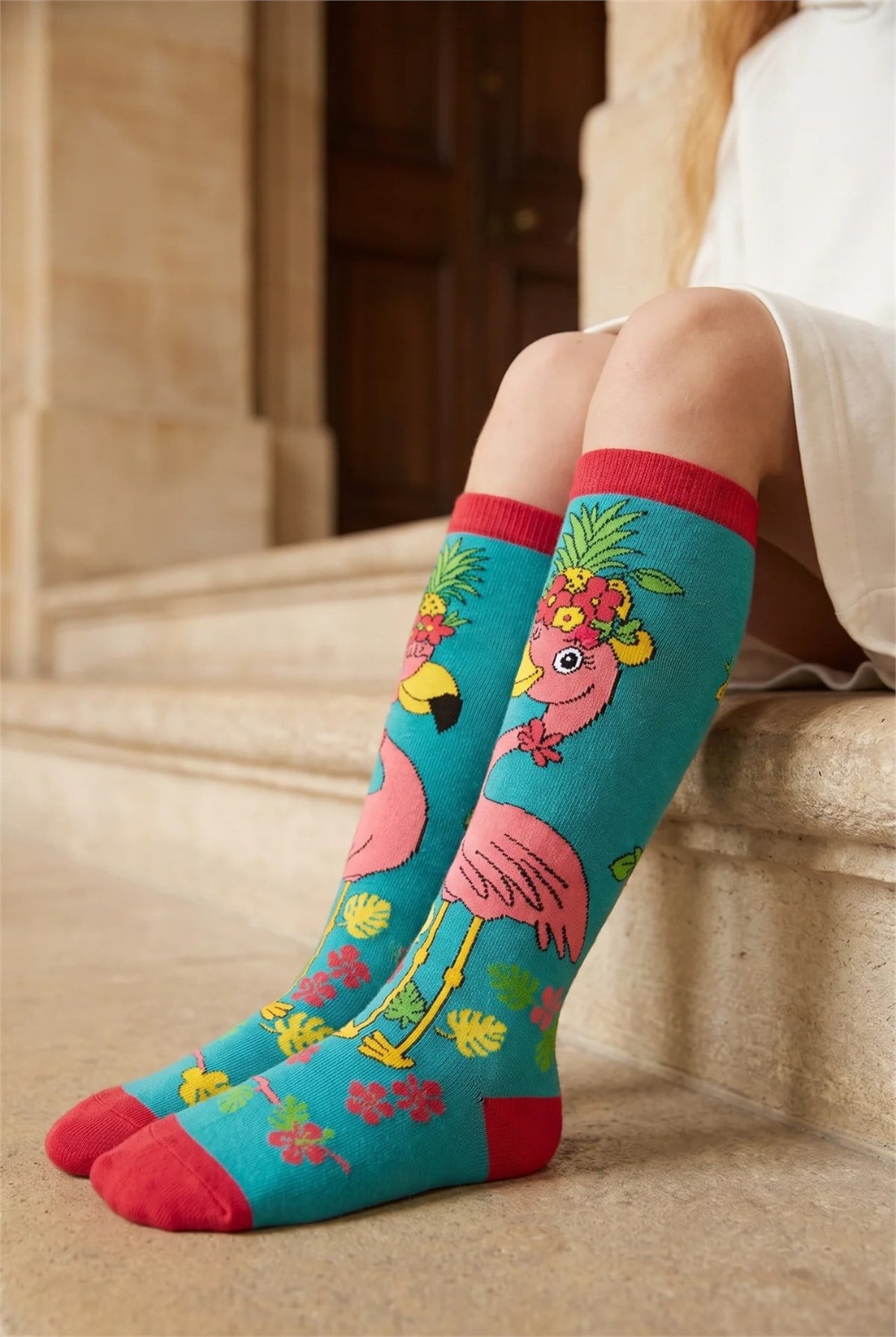 Girls Knee-High Socks with Flamingo Pattern