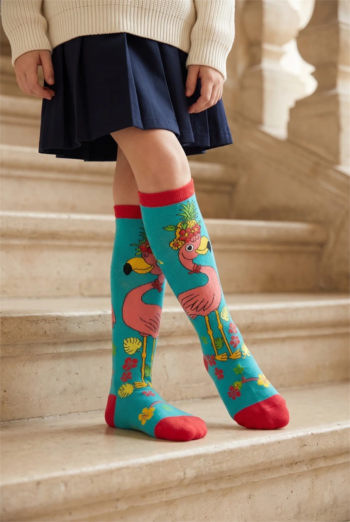 Girls Knee-High Socks with Flamingo Pattern