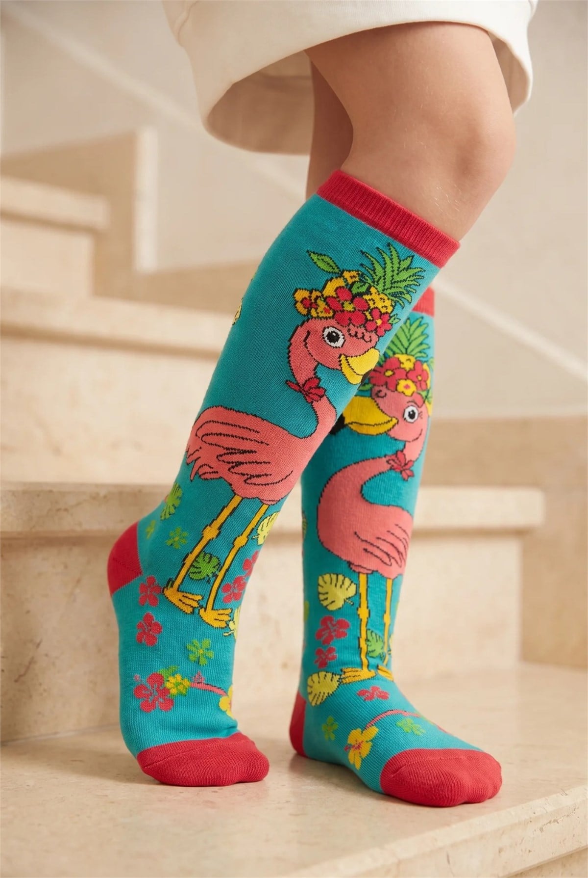 Girls Knee-High Socks with Flamingo Pattern