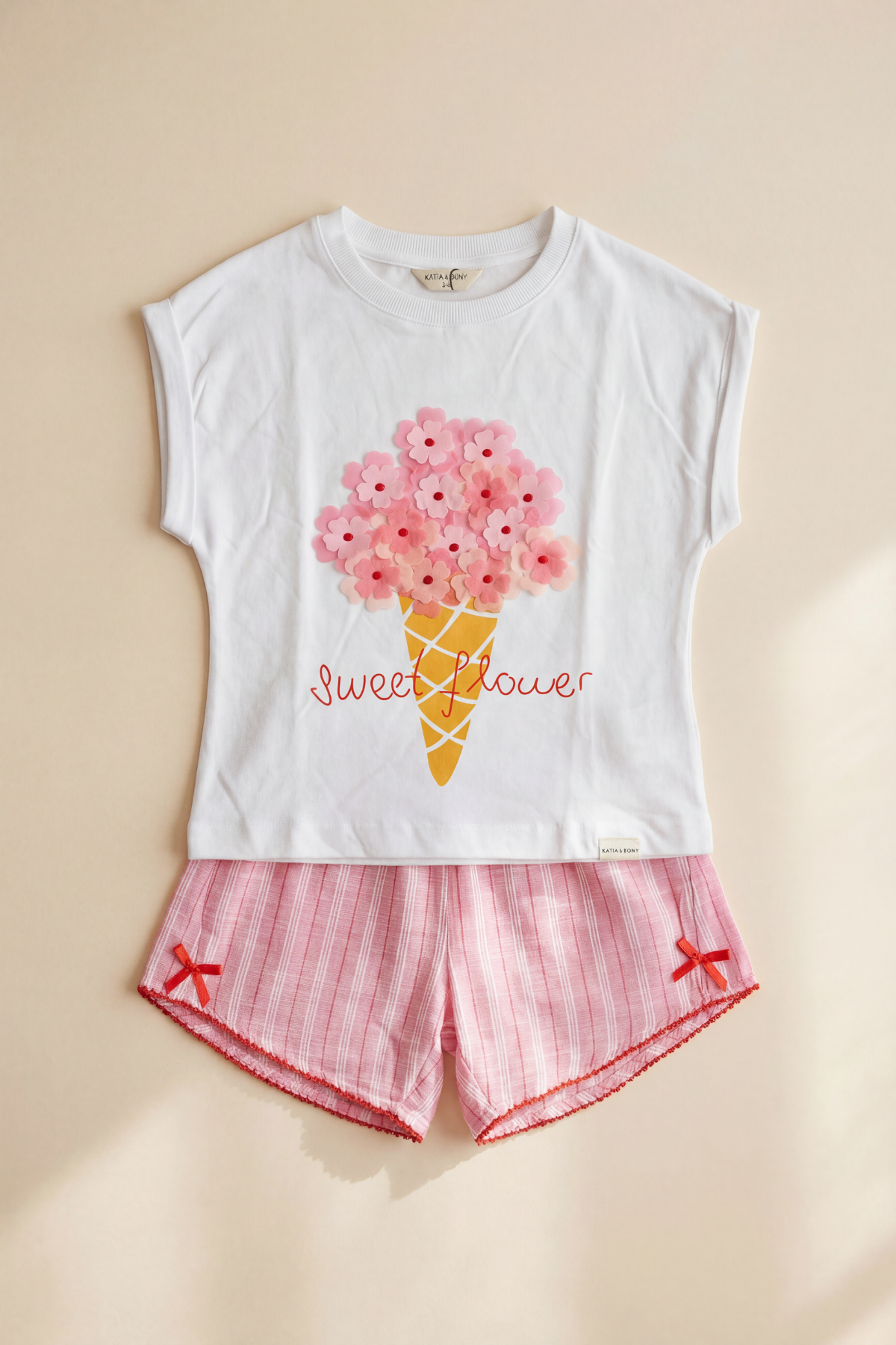 Kız Çocuk Floral 3D Çiçekli Şortlu Pijama Takımı Pembe