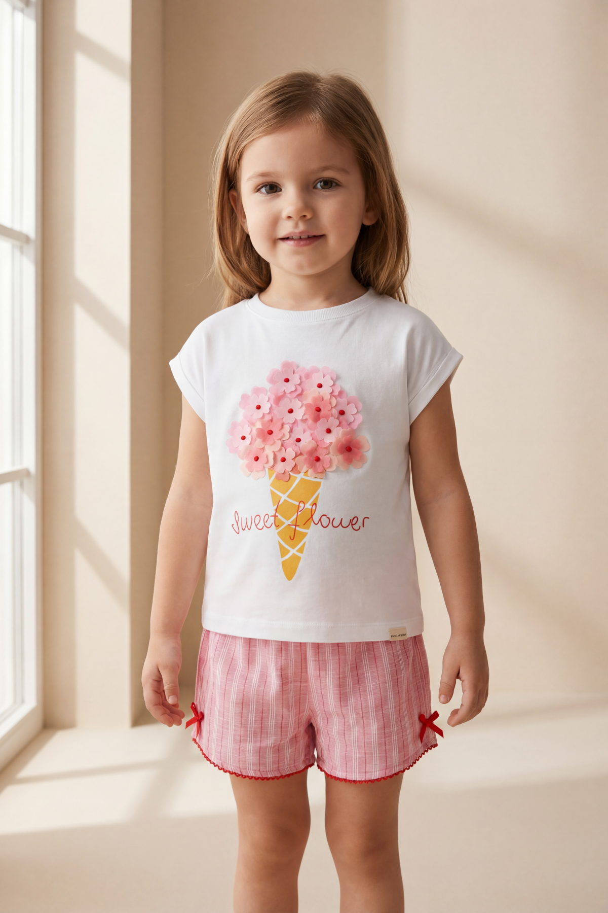 Kız Çocuk Floral 3D Çiçekli Şortlu Pijama Takımı Pembe