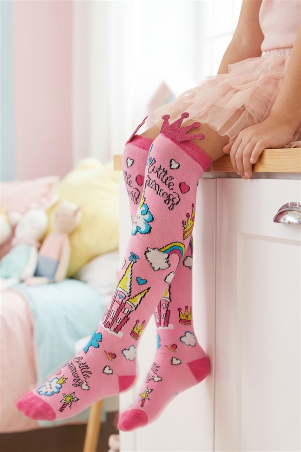 Kız Çocuk Gökkuşağı Detaylı Dizaltı Çorap Pembe 