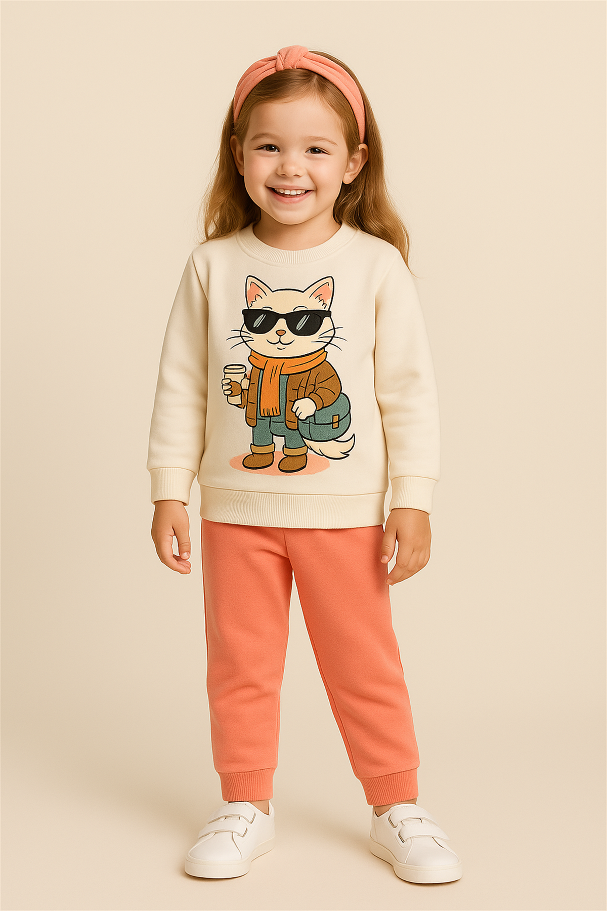Kız Çocuk Gözlüklü Kedi Desenli Eşofman Takımı