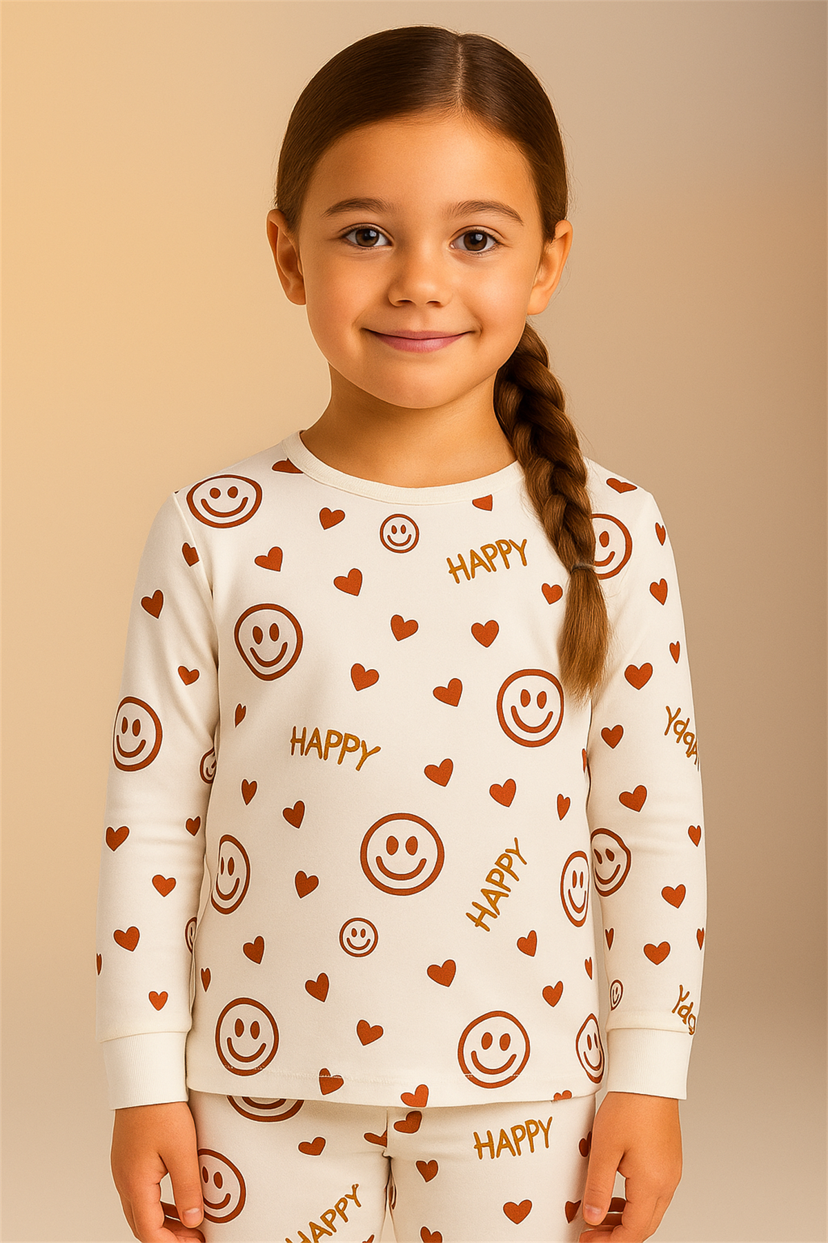 Kız Çocuk Gülen Yüz Desenli Kutulu Pijama Takımı Ekru