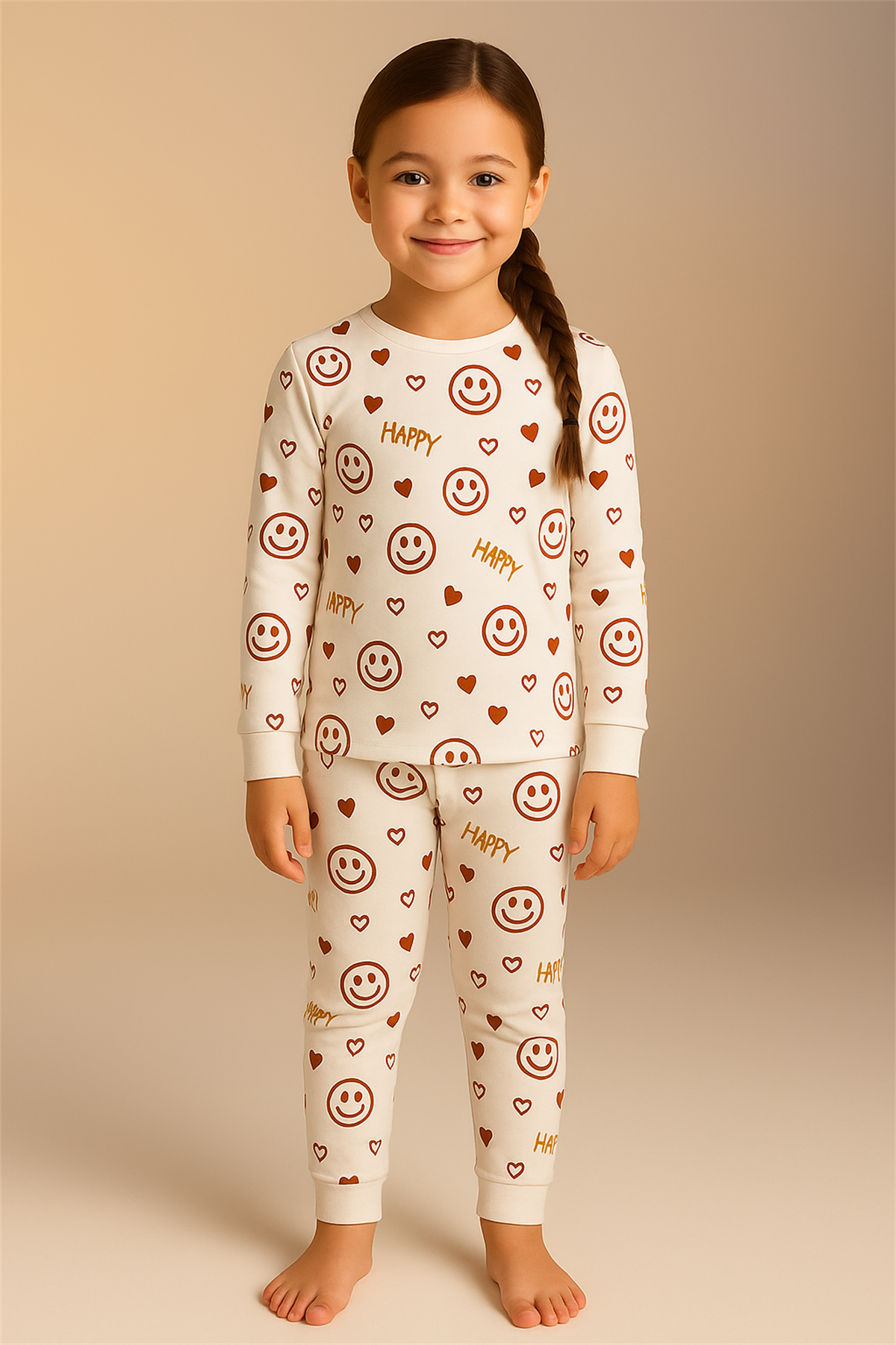 Kız Çocuk Gülen Yüz Desenli Kutulu Pijama Takımı Ekru