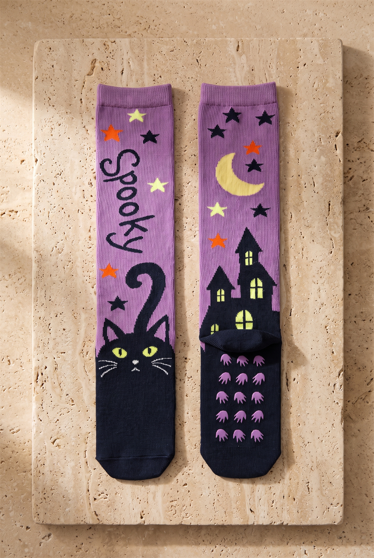 Kız Çocuk Halloween Temalı Spooky Desenli Dizaltı Çorap Lila