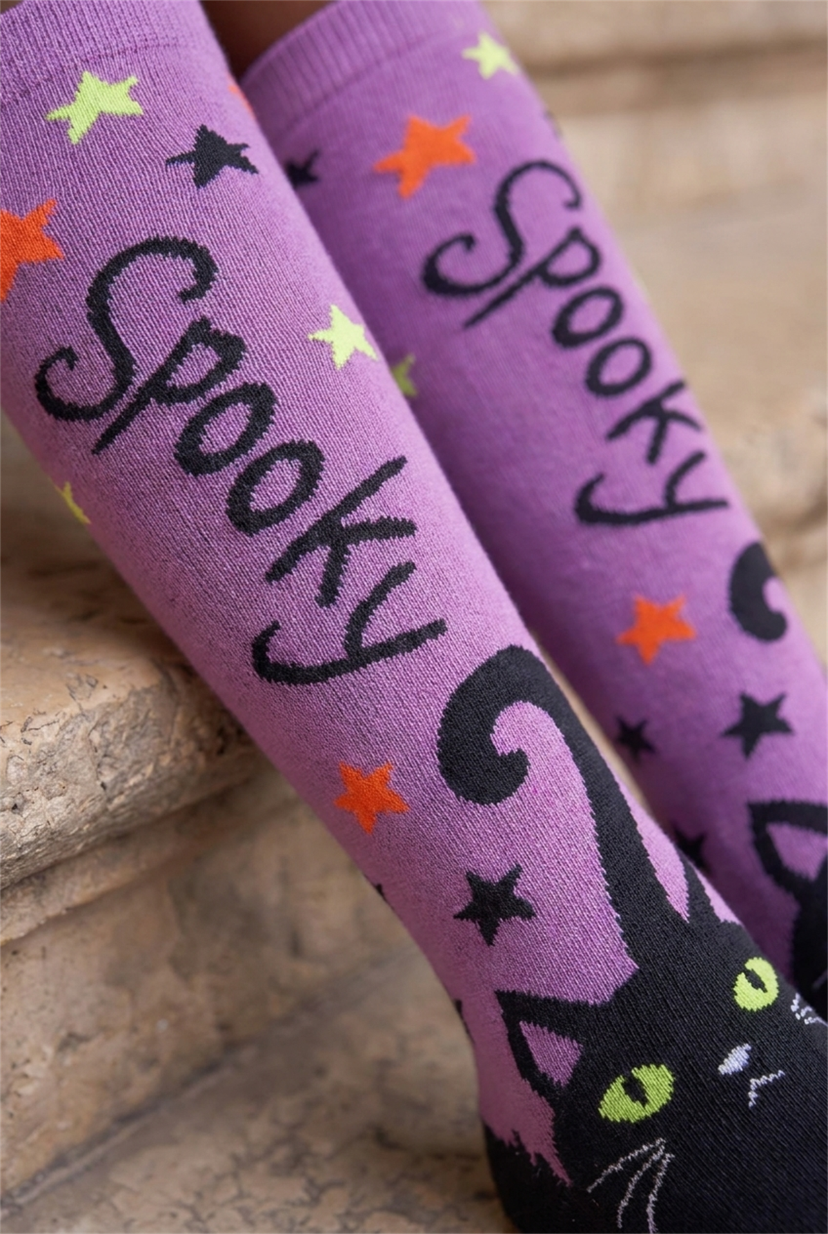 Kız Çocuk Halloween Temalı Spooky Desenli Dizaltı Çorap Lila