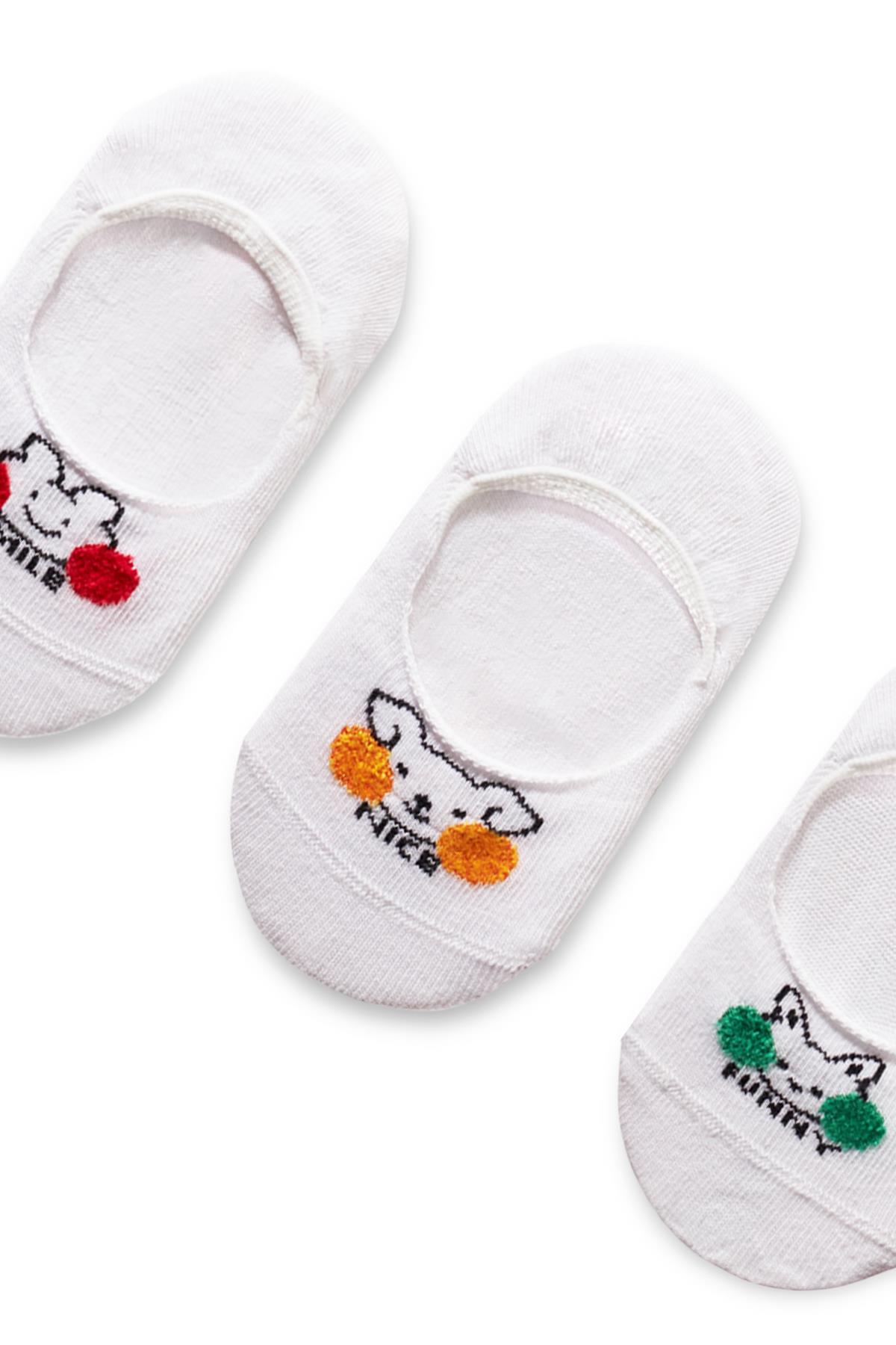 Girls Animal Patterned Smile Funny Nice Written Pom Pom Detailed 3-Pack Ballerina Socks