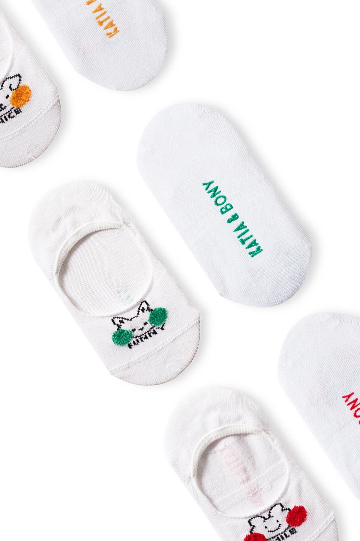 Girls Animal Patterned Smile Funny Nice Written Pom Pom Detailed 3-Pack Ballerina Socks