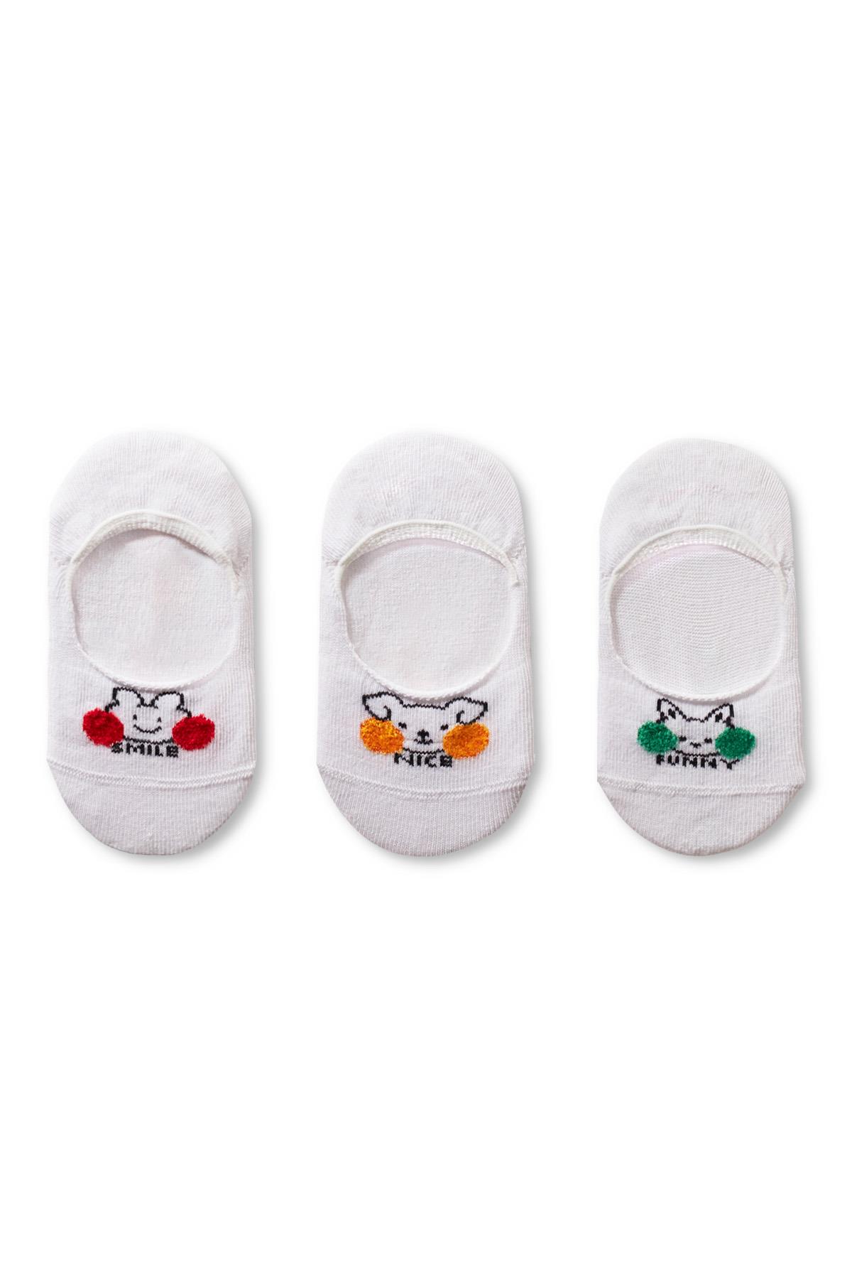 Girls Animal Patterned Smile Funny Nice Written Pom Pom Detailed 3-Pack Ballerina Socks