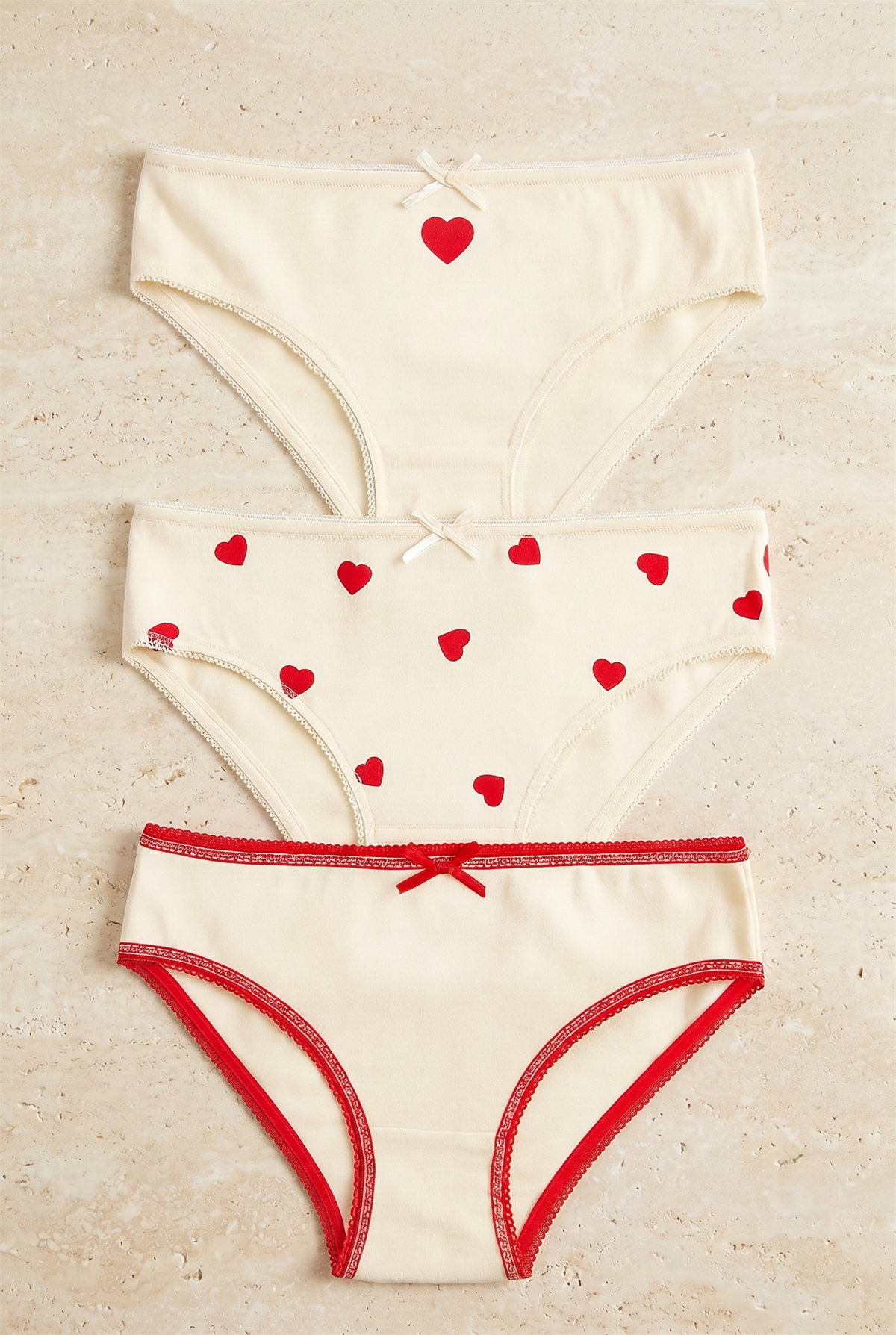 Kız Çocuk Kalpli 3lü Slip Külot Ekru