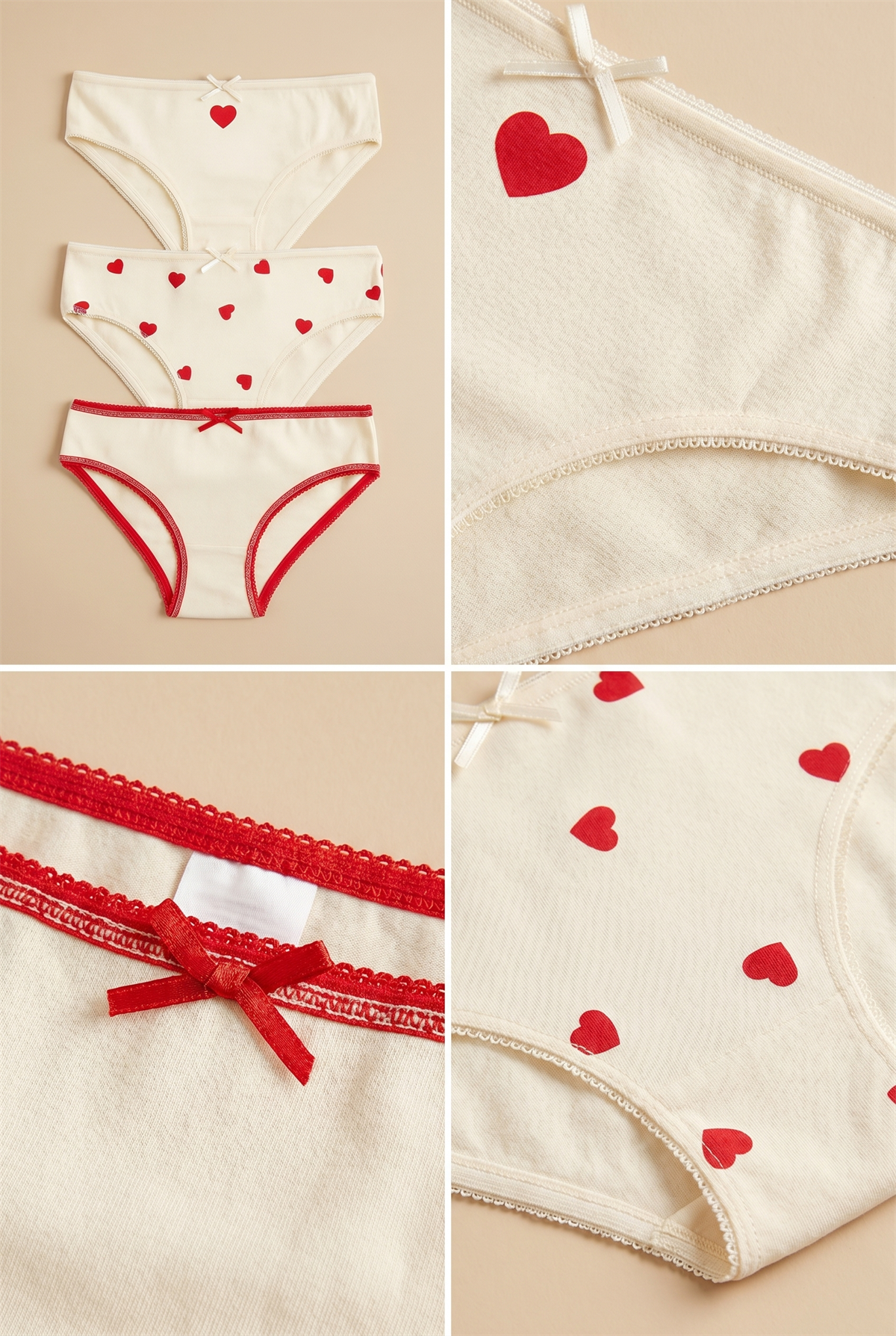 Kız Çocuk Kalpli 3lü Slip Külot Ekru