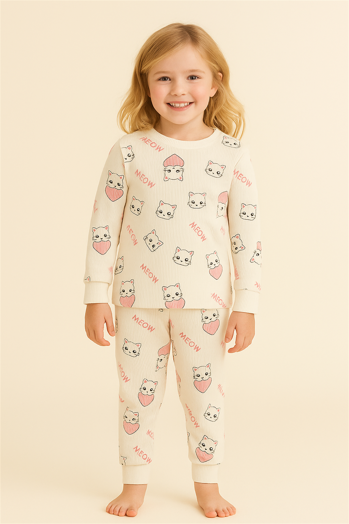 Kız Çocuk Kalpli Kedi Desenli Pijama Takımı