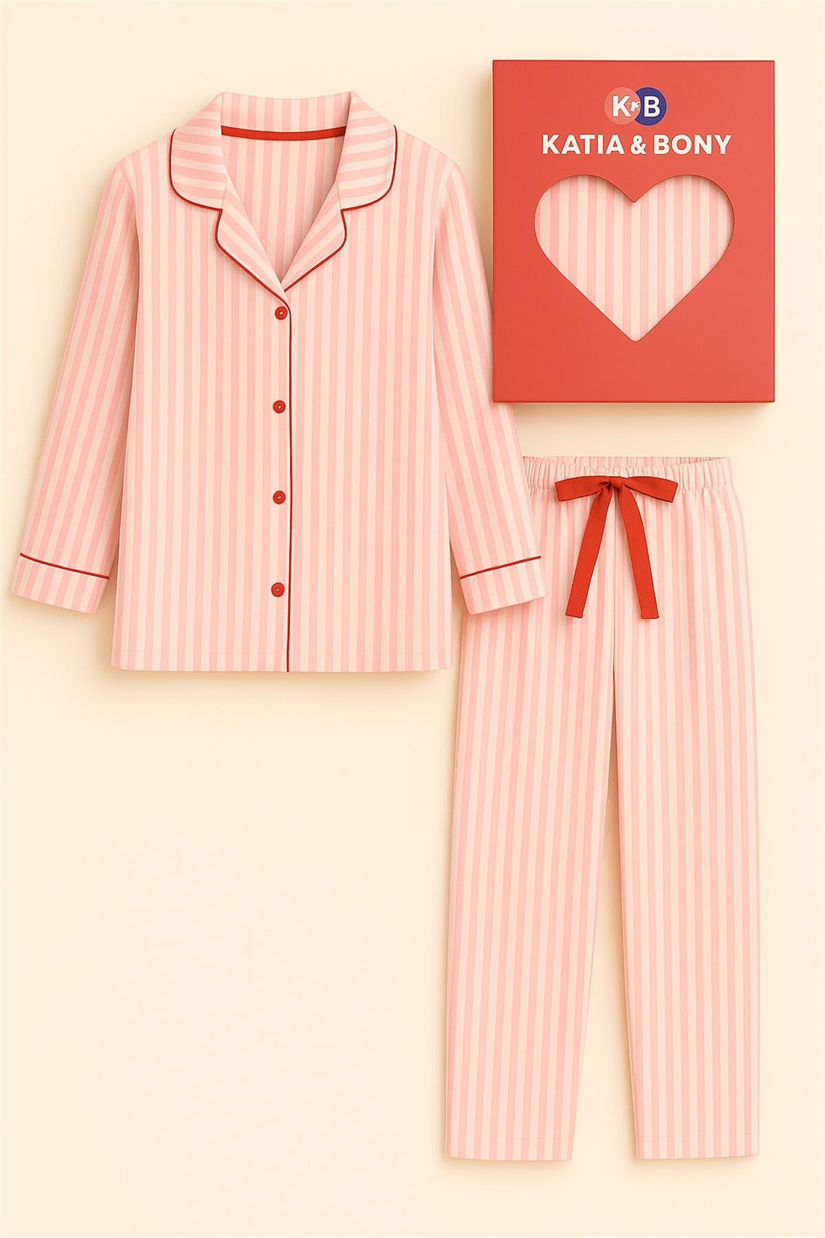 Kız Çocuk Kalpli Kutulu Çizgili Pijama Takımı Pembe