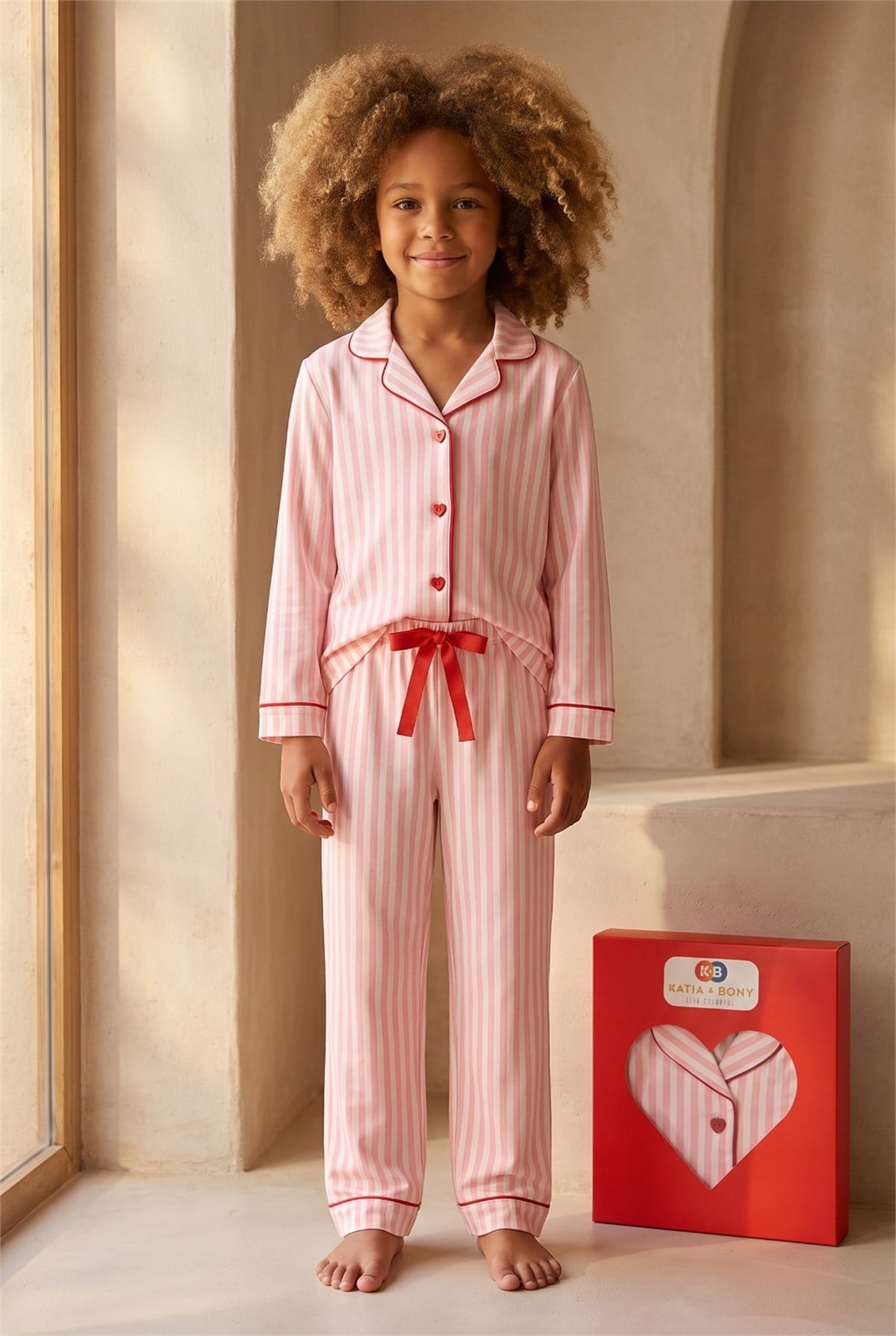 Kız Çocuk Kalpli Kutulu Çizgili Pijama Takımı Pembe