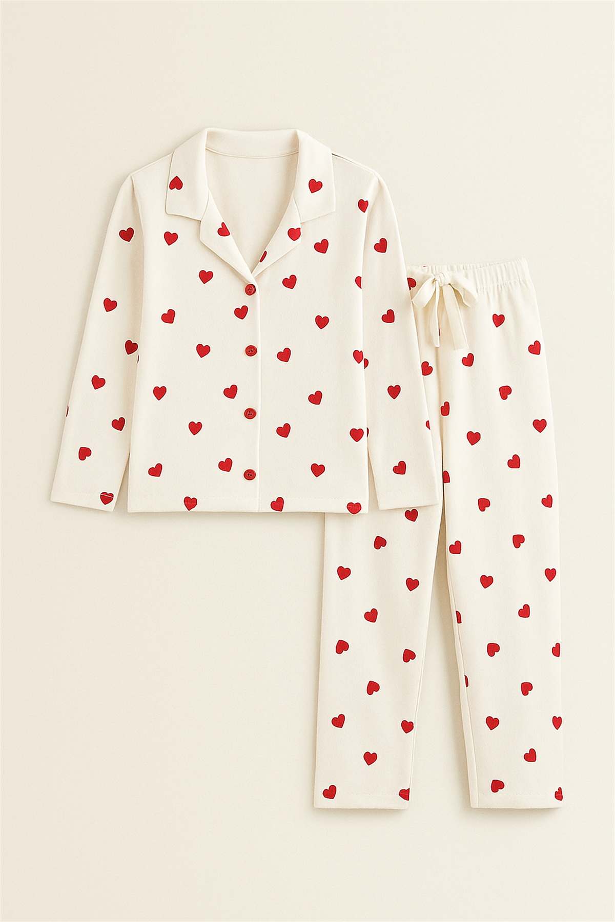 Kız Çocuk Kalpli Pijama Takımı Ekru